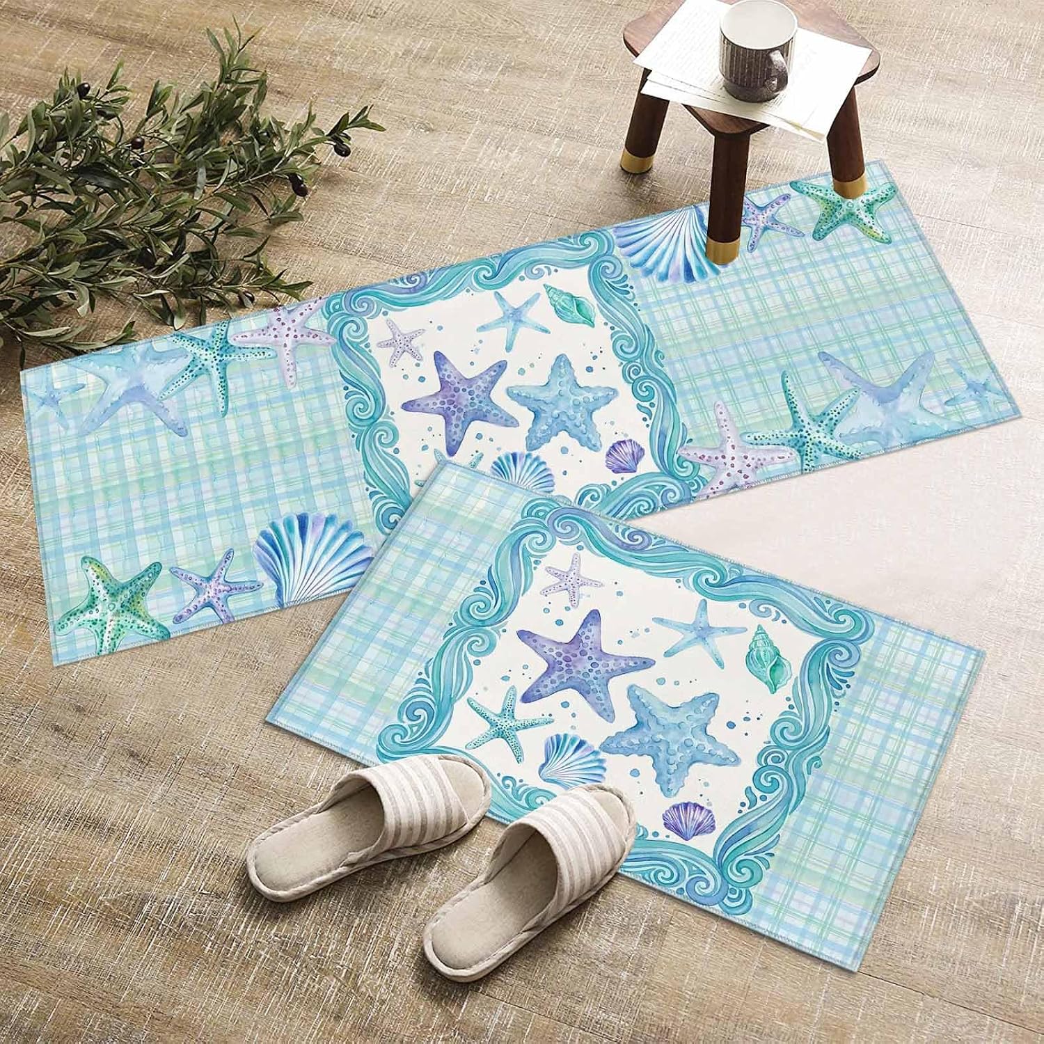 Kitchen Mats for Floor Summer Starfish Ocean Wave Washable Non Slip Kitchen Rugs 2PCS, Watercolor Marine Theme Plaid Absorbent Standing Mats for Sink Office Living Room 15.7x23.6in+15.7x47.2in
