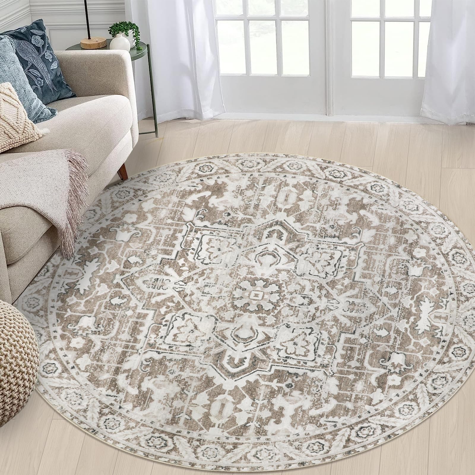 Famibay Living Room Round, 160 cm Washable Rug, Soft Vintage Non-Slip for Bedroom, Dining Room โ image 1