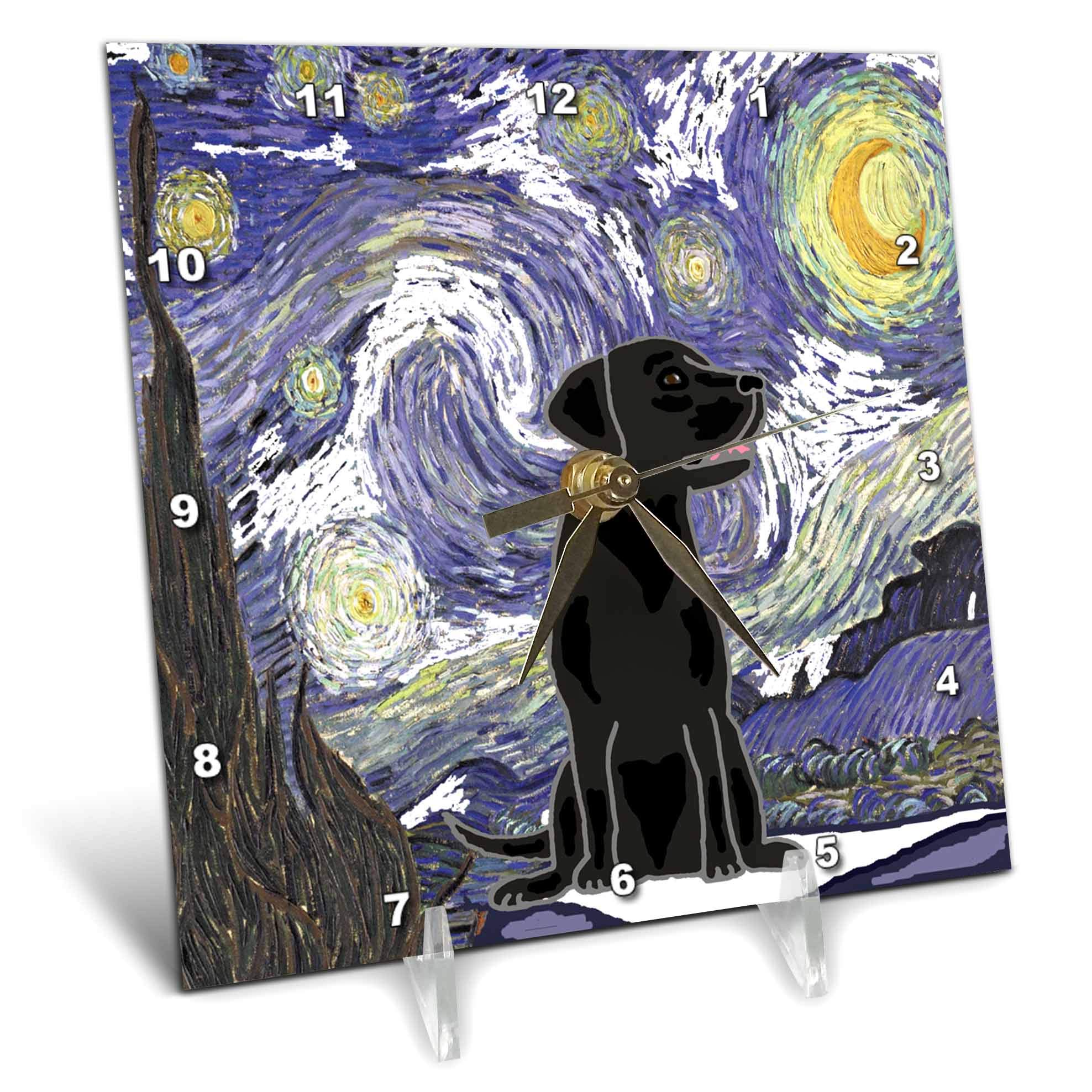 3dRose - All Smiles Art - Pets - Funny Cute Black Lab Puppy Dog in Starry Night Van Gogh Art - Desk Clocks (dc-317010-1)