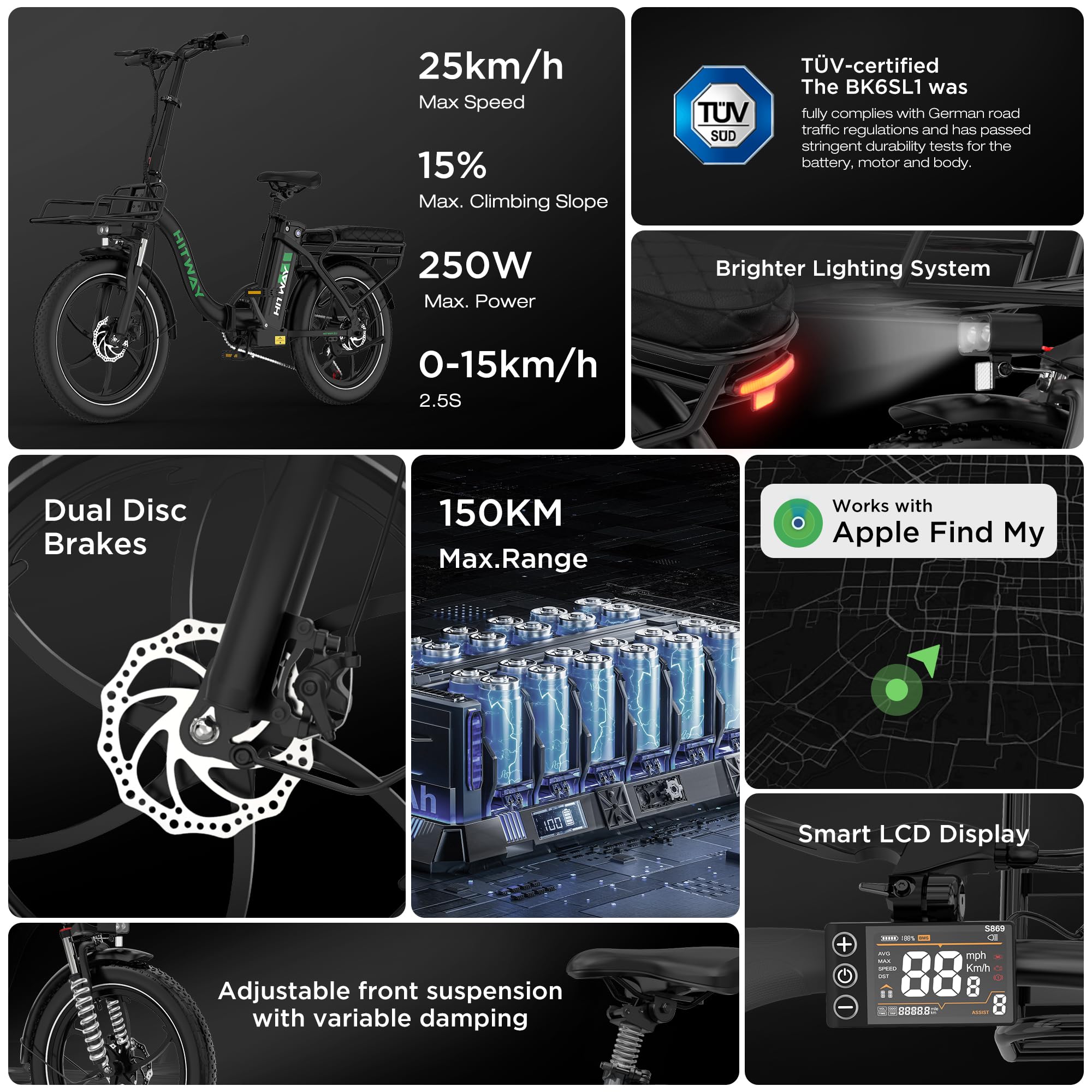 HITWAY Bici Elettrica, Bicicletta Elettrica 36V15.6Ah, 250W E Bike da 20 pollici, Autonomia 70-150km, 7 Velocità, Controllo APP, Bici Elettrica Pieghevole