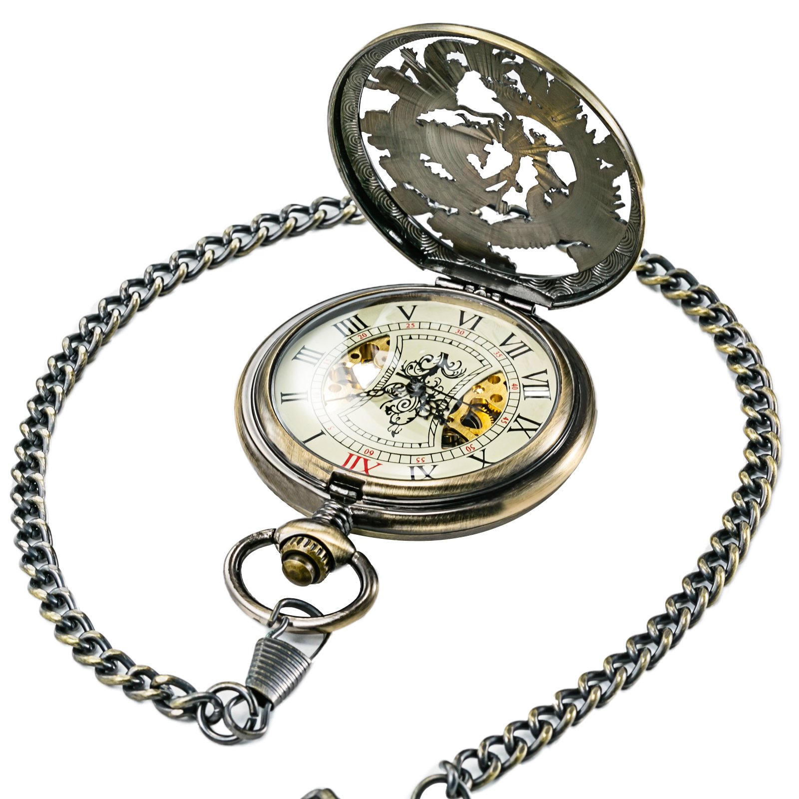 TREEWETO Hommes Femmes Mécanique Montre de Poche voeux Cadran Squelette avec chaîne pour Les Homme Papa