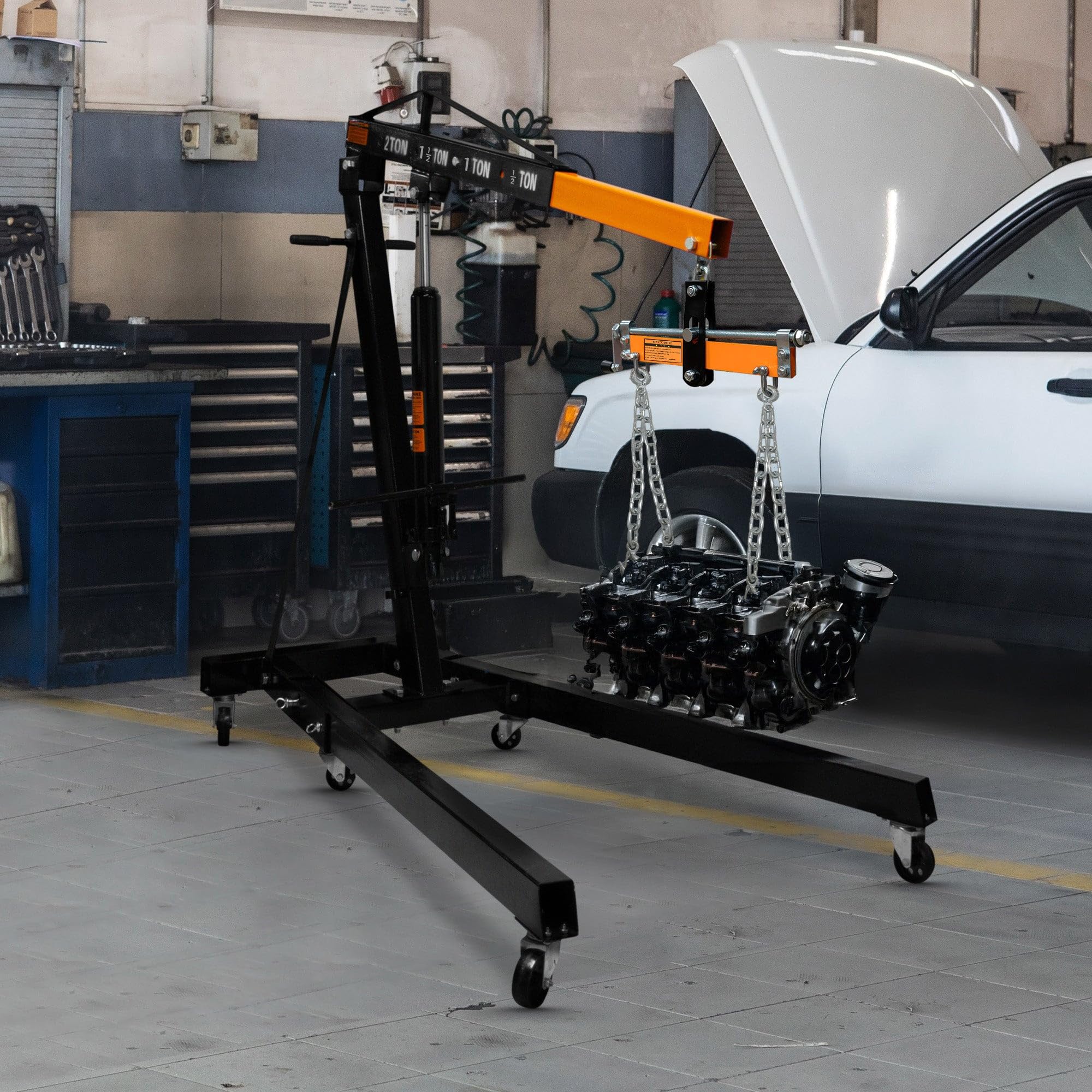 Set Grúa de Motor Capacidad 2 Toneladas + Equilibrador de Carga 900kg | Manilla de Bomba Hidráulica | 4 Posiciones de Brazo | Patas Plegables | Ruedas | Mango Ajustable p/afinar Centro de Gravedad