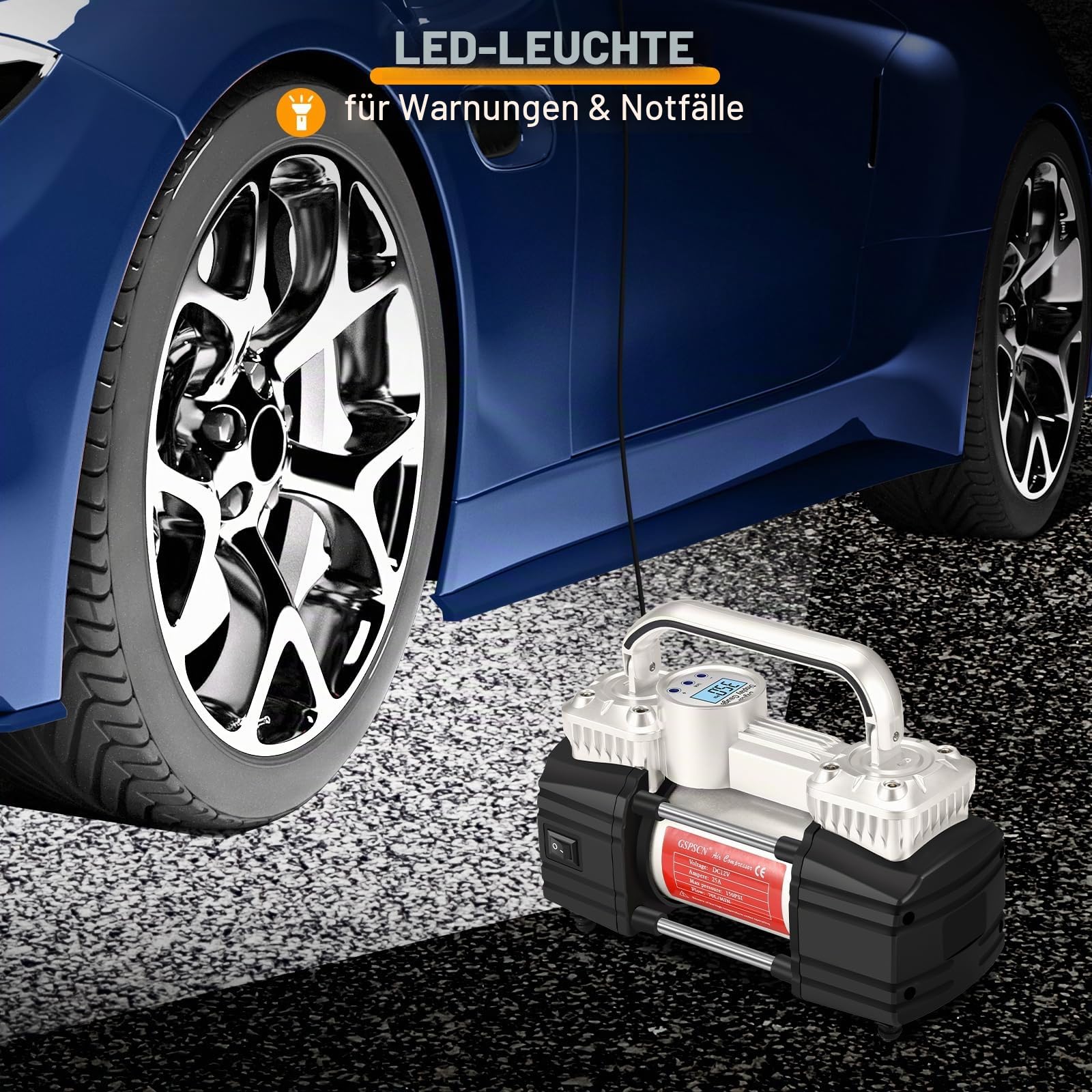 GSPSCN Elektrische Luftpumpe 12V Tragbare Doppelzylinder Kompressor | 6x Schneller,LCD-Display Abschaltautomatik Reifenpumpe,Hochleistungs-Luftkompressor für PWK,SUV,LKW,Kleintransporter,Bälle