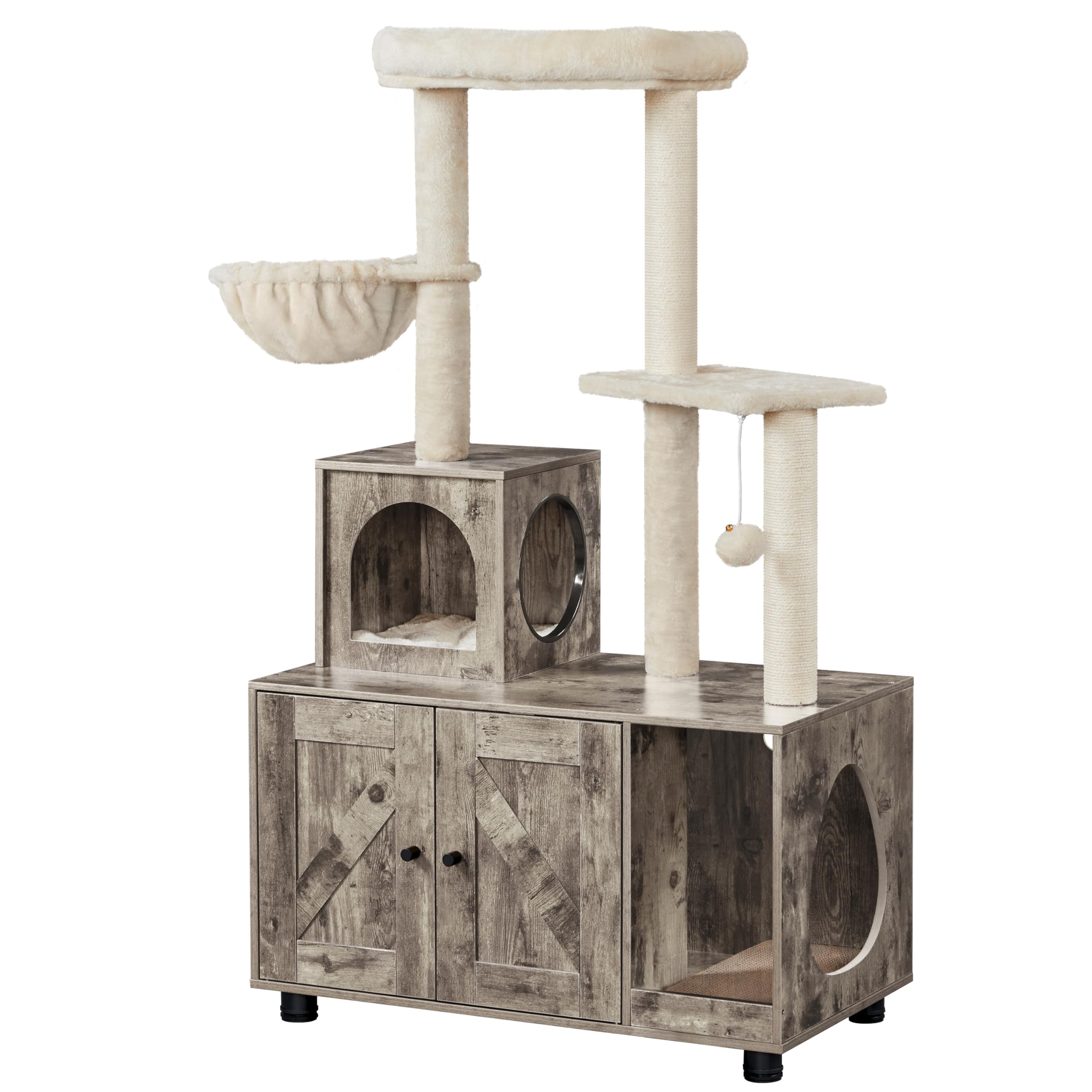 Yaheetech Litter Box Enclosure with Cat Tree, All-in-one Indoor Kitten House w/Scratching Posts, Wooden Cat Litter Box Furniture w/Kitty Condo, Platform, Greige/Beige