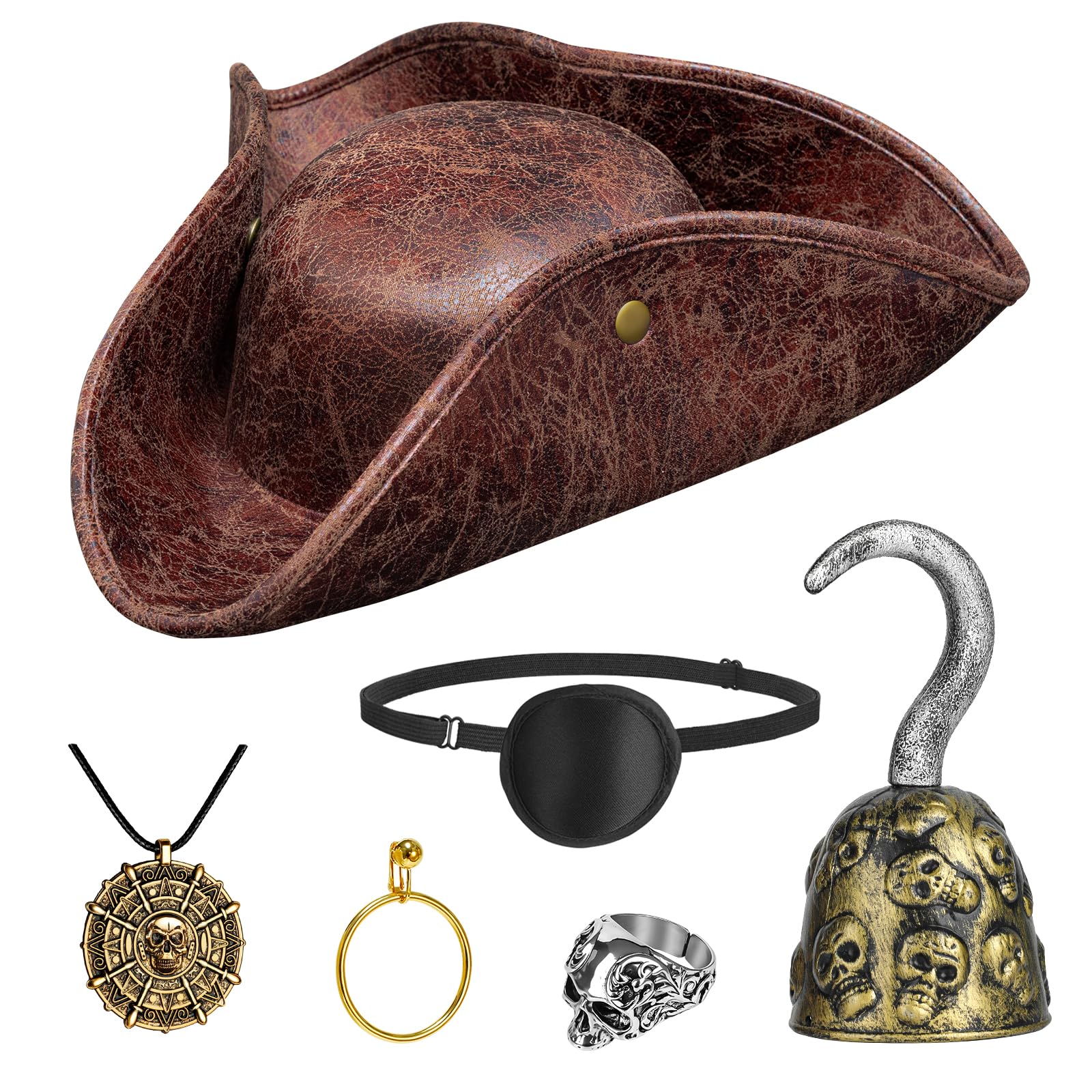 Tanganan Pirate Hat Costume Set, 6 Pcs Halloween Pirate Costume Hat with Skull Head Ring Necklace Hook Earrings Eye Patch Leather Brown Hats for Men Women (Brown)