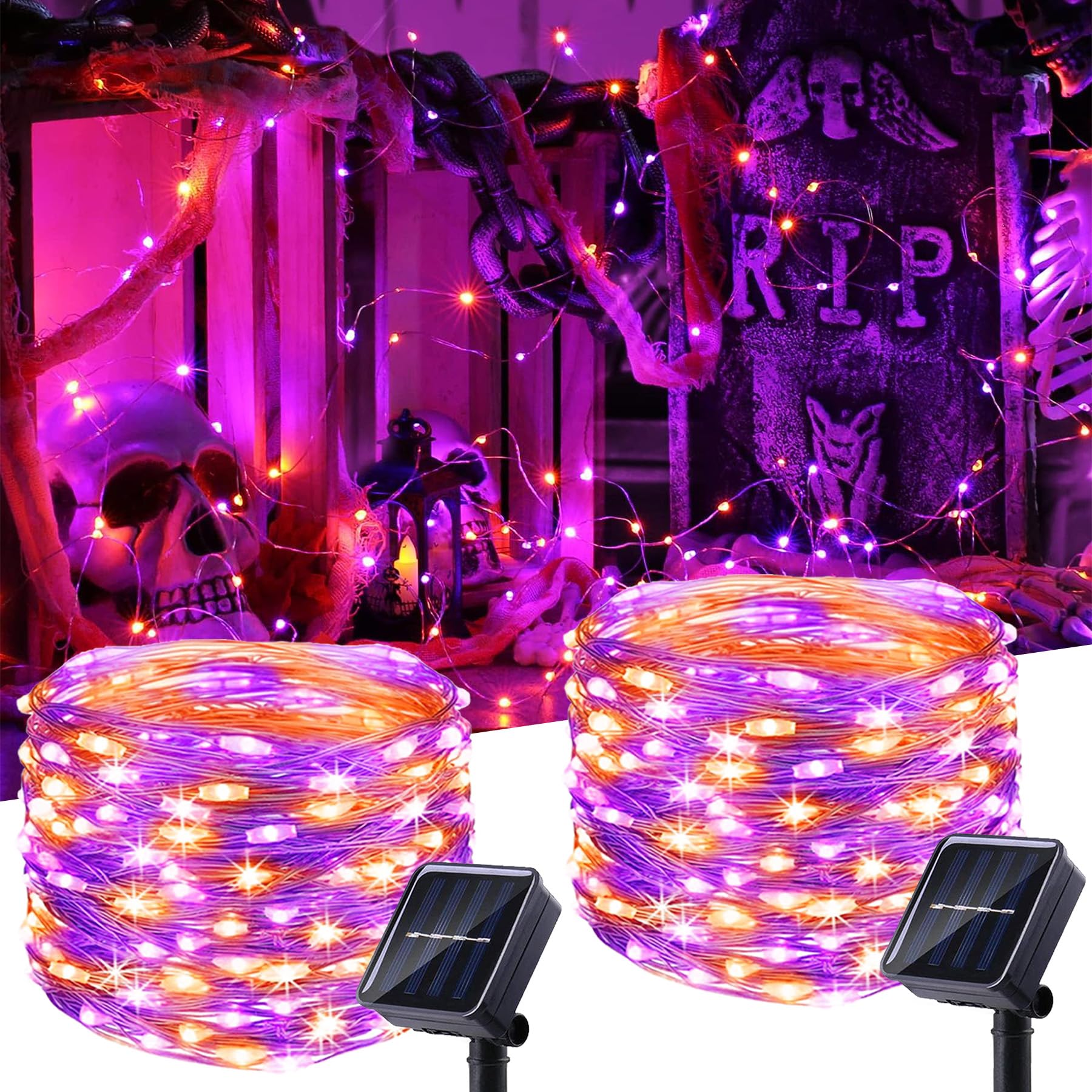 LIGHTOP Ghirlanda di luci solari per Halloween, per esterni, impermeabile, filo di rame, arancione, viola, confezione da 2 pezzi, 9,1 m, 100 LED, decorazione per feste di Natale, Pasqua, matrimoni,