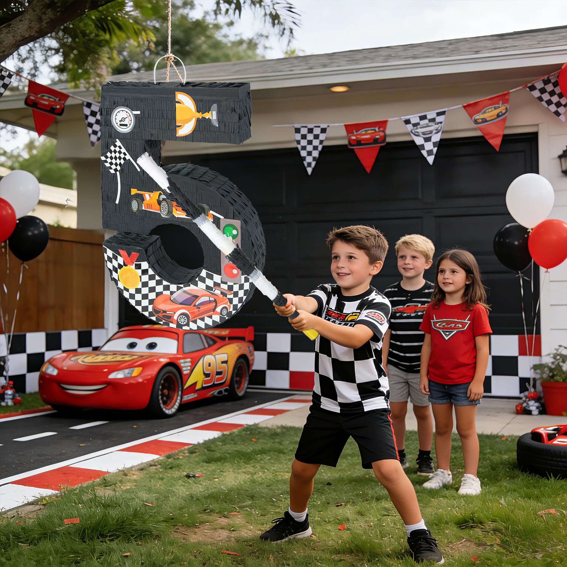 PCFING Piñata de coche de carreras número 5 de 20 pulgadas con palo de piñata de 30 pulgadas, confeti para niños, niñas, adultos, carreras, decoraciones de fiesta de cumpleaños, celebración de