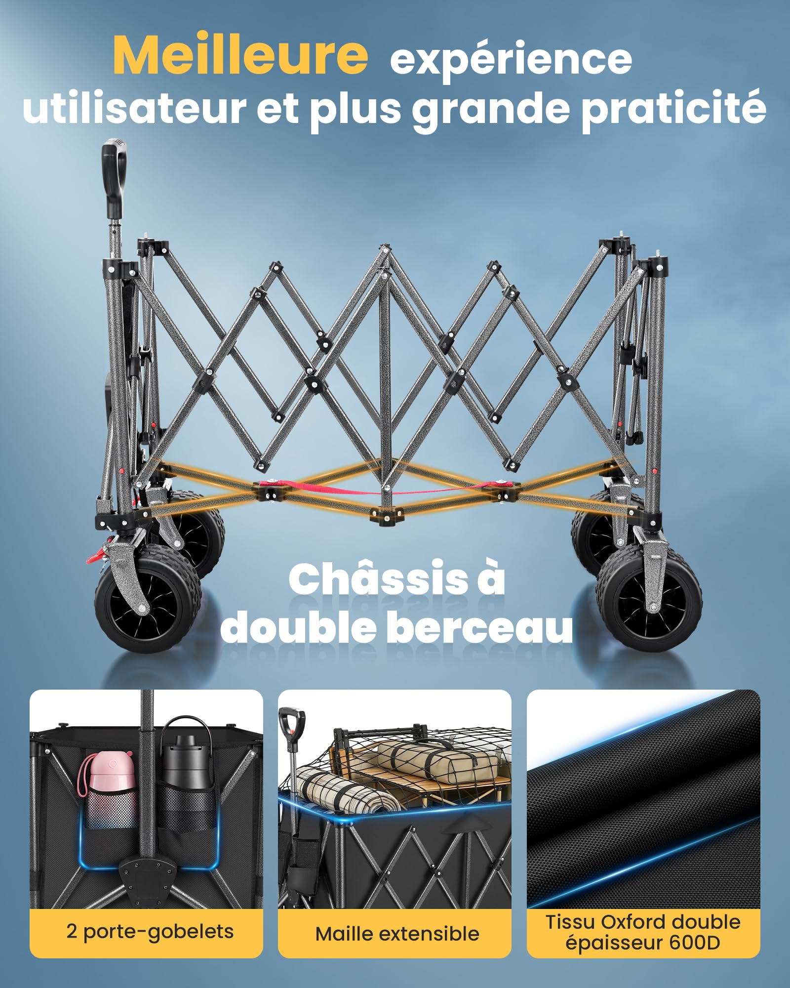 YEAUPE PRO Chariot Transport Pliable 200L 200KG, Chariot de Plage Pliable Roues tout-terrain17x10 cm. Freins Doubles, Pliage Compact. Idéal pour Les plages, Le Camping, Les activités de Plein air