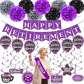 Retirement Decorations Women Purple Happy Retirement Party Decorations Female (52pack) Happy Retirement Banner Gifts, Retirement Decor Double-Sided Pattern Card, Pompoms Hanging Swirl Retired Sash Set