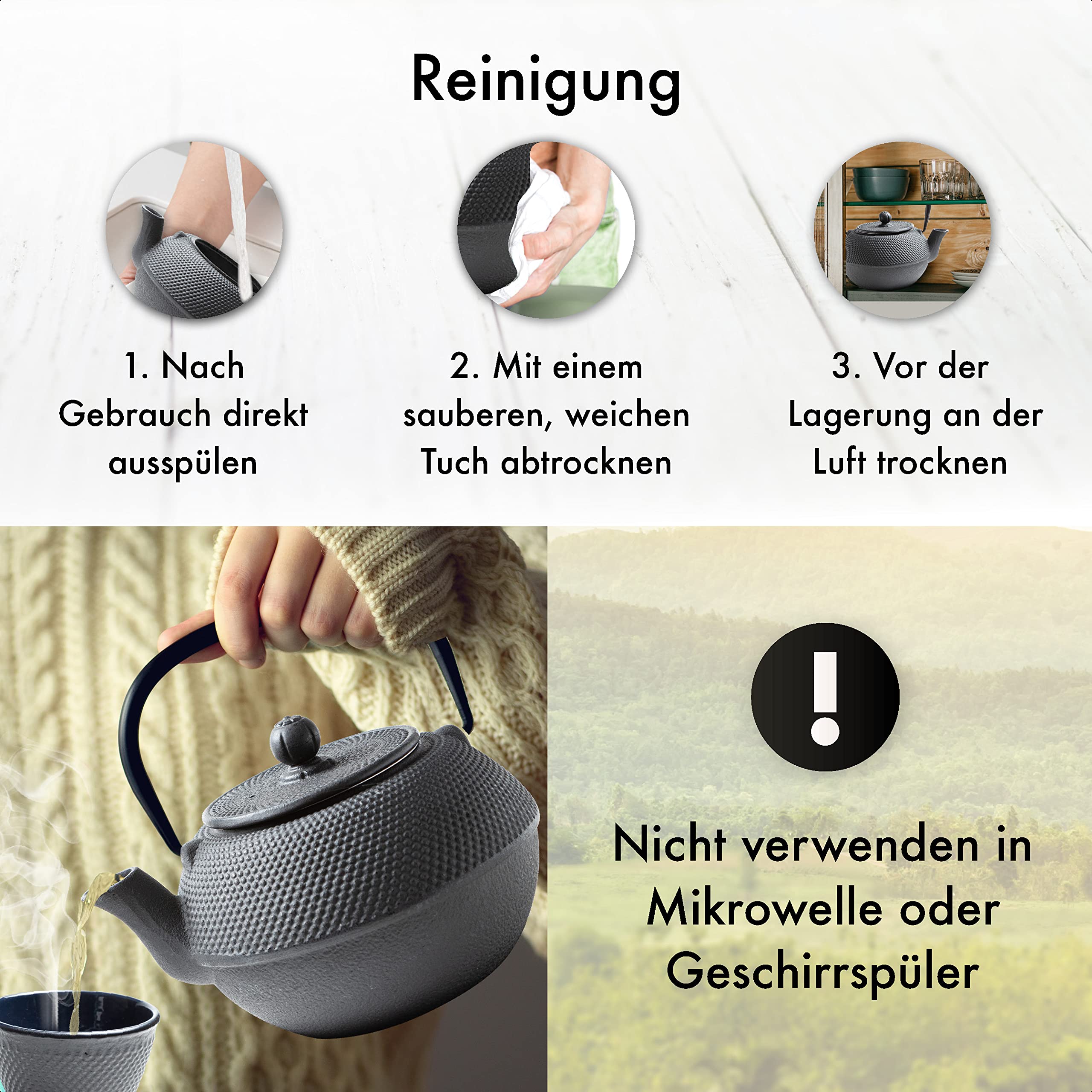 TEEKANNE GUSSEISEN SET 1,1 LITER IN GESCHENKBOX | Komplettes Teeservice aus Gusseisen | Gusseiserne Teekanne mit Siebeinsatz, Teetassen & Untersetzer | Teeset im Japanischen Stil | Schwarz