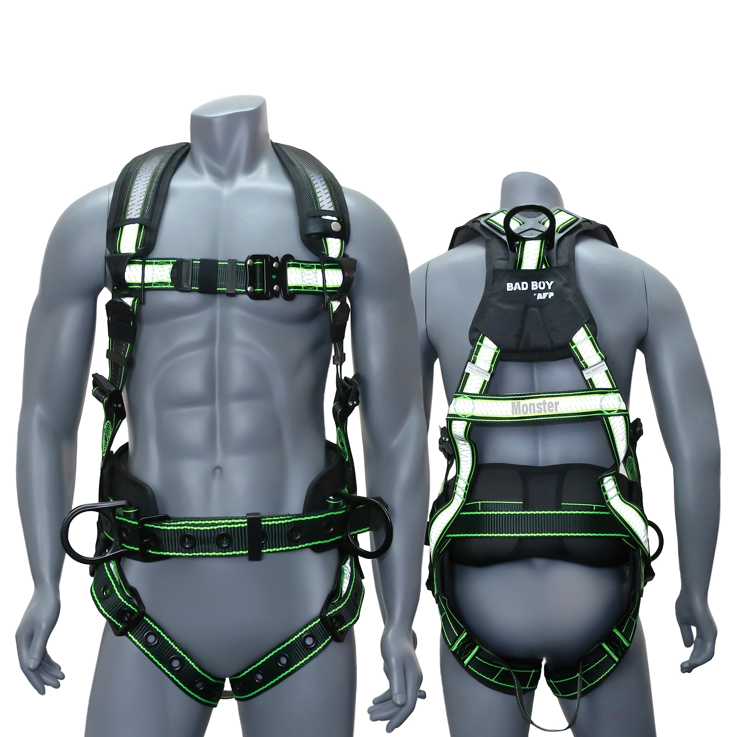 AFP Fall Protection Full-Body Premium Safety Harness, 8” Thick Support Belt, Aluminum D-Rings, Tongue Buckle (OSHA/ANSI PPE)