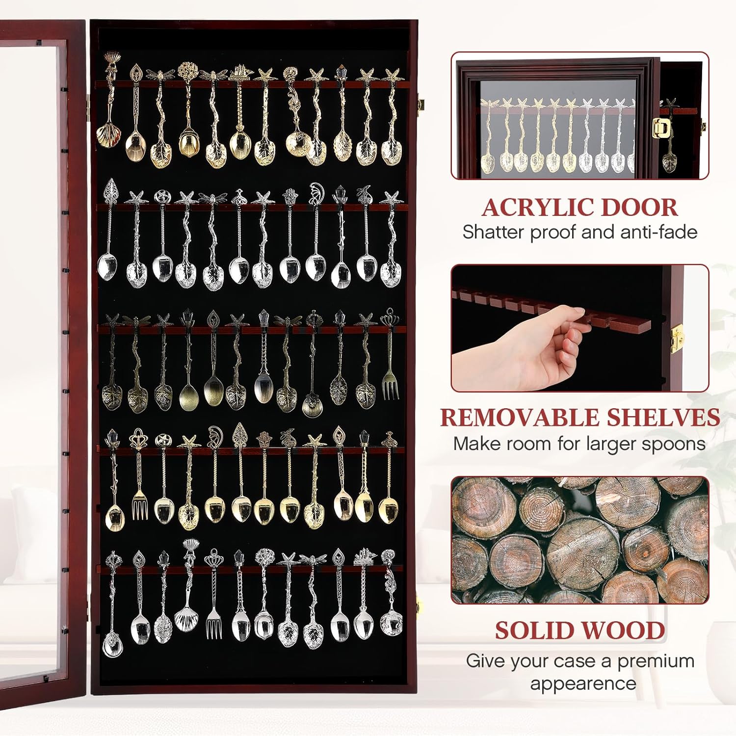 Tea Spoon Display Case Wall Mount Wooden Case Cabinet W/98% UV Acrylic Door Lockable Storage Display Box for Teaspoon Collection(Cherry Finish,60 Souvenir Spoon)
