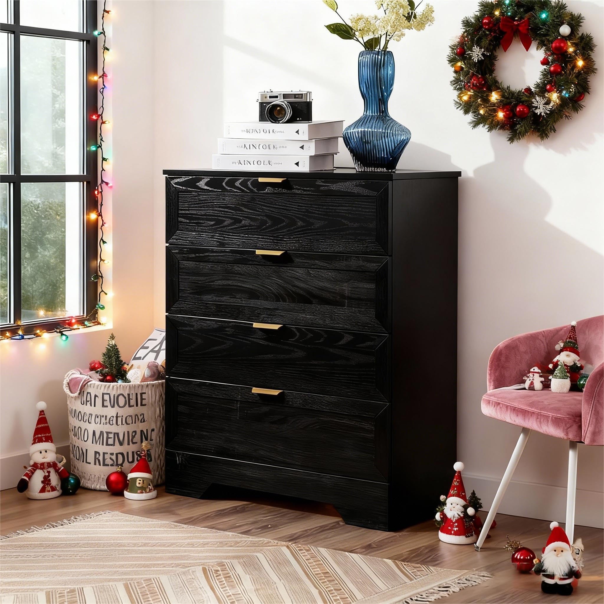 UYIHOME 4 Drawers Dresser, Wooden Dresser for Bedroom with Large Drawer and Gold Handles Storage Chest Cabinet Organizer Living Room Closet Hallway,