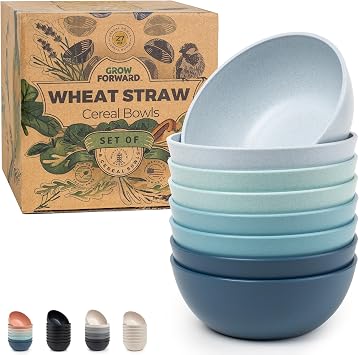 Grow Forward Premium Wheat Straw Bowls Set of 8 - Reusable 27oz Hard Plastic Cereal Bowls - Unbreakable Microwave Safe Bowls for Kitchen, Camping, RV, Dessert, Soup, Salad, Ramen - Seascape