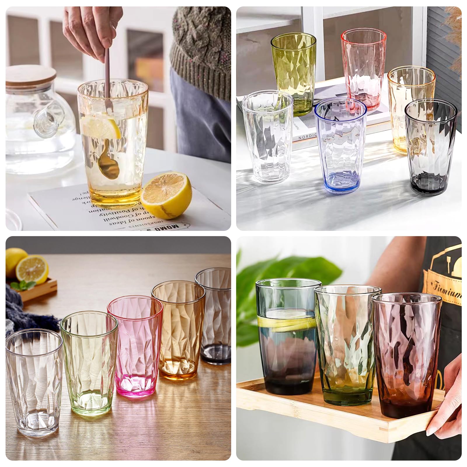 BYZESTY Zestaw 6 Dużych Szklanek do Picia, 470 ml - Kolorowe Akrylowe Kubki o Wyglądzie Szkła Kryształowego do Wody, Koktajli, Longdrinków i Soku