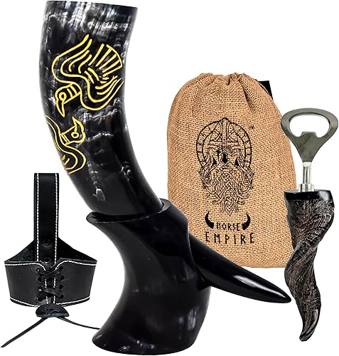 Cuerno vikingo de 12 onzas con soporte, auténtico regalo único de cerveza para hombres y mujeres, jarra medieval para whisky Mead Ale Accesorios de