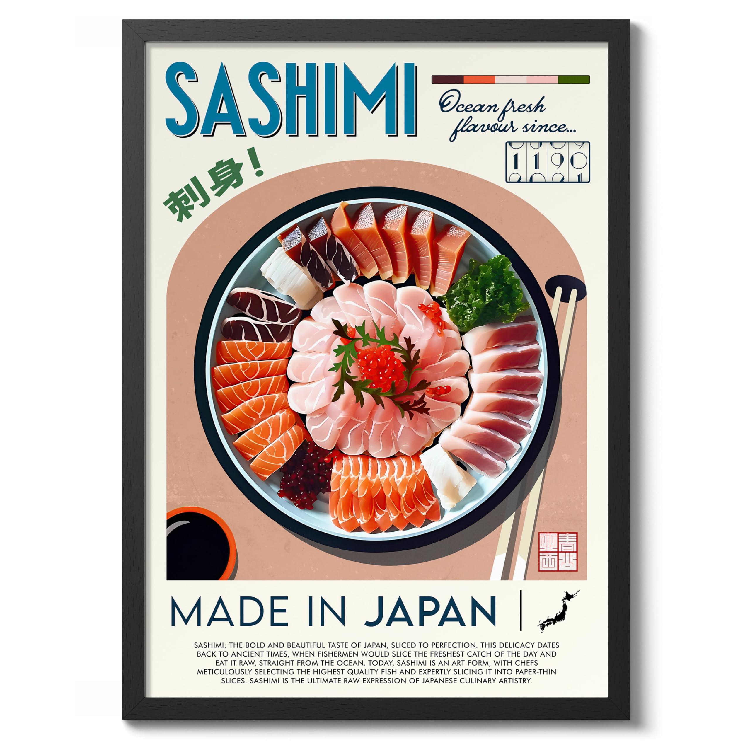 Sashimi Kitchen Poster, Food Wall Art Modern Print, Restaurant Decor, Chef Dining Room Interior Design, Archival Matte, A5 (Black Frame) - 21x14.8cm