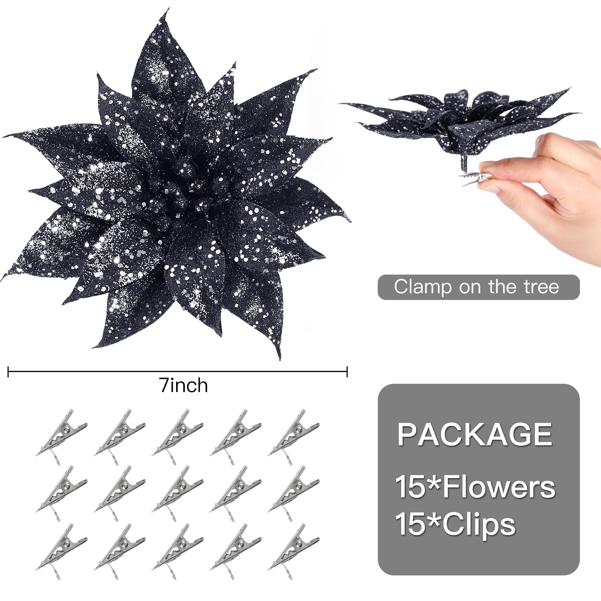 Sggvecsy 15 flores de Navidad con brillantina, adornos para árbol de Navidad, flores de Pascua artificiales brillantes con clips para Navidad, vacaciones, boda, corona, fiesta, decoraciones florales