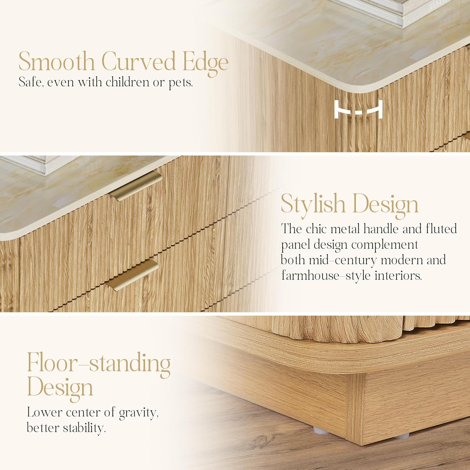 Fluted Drawers Dresser for Bedroom with 10 Drawers, 42'' Wide Mid Century Dressers with Faux Marble Top & Metal Handle, Wooden Chest of Drawers TV Stand, Natural Wood Closet Storage Organizer,Oak