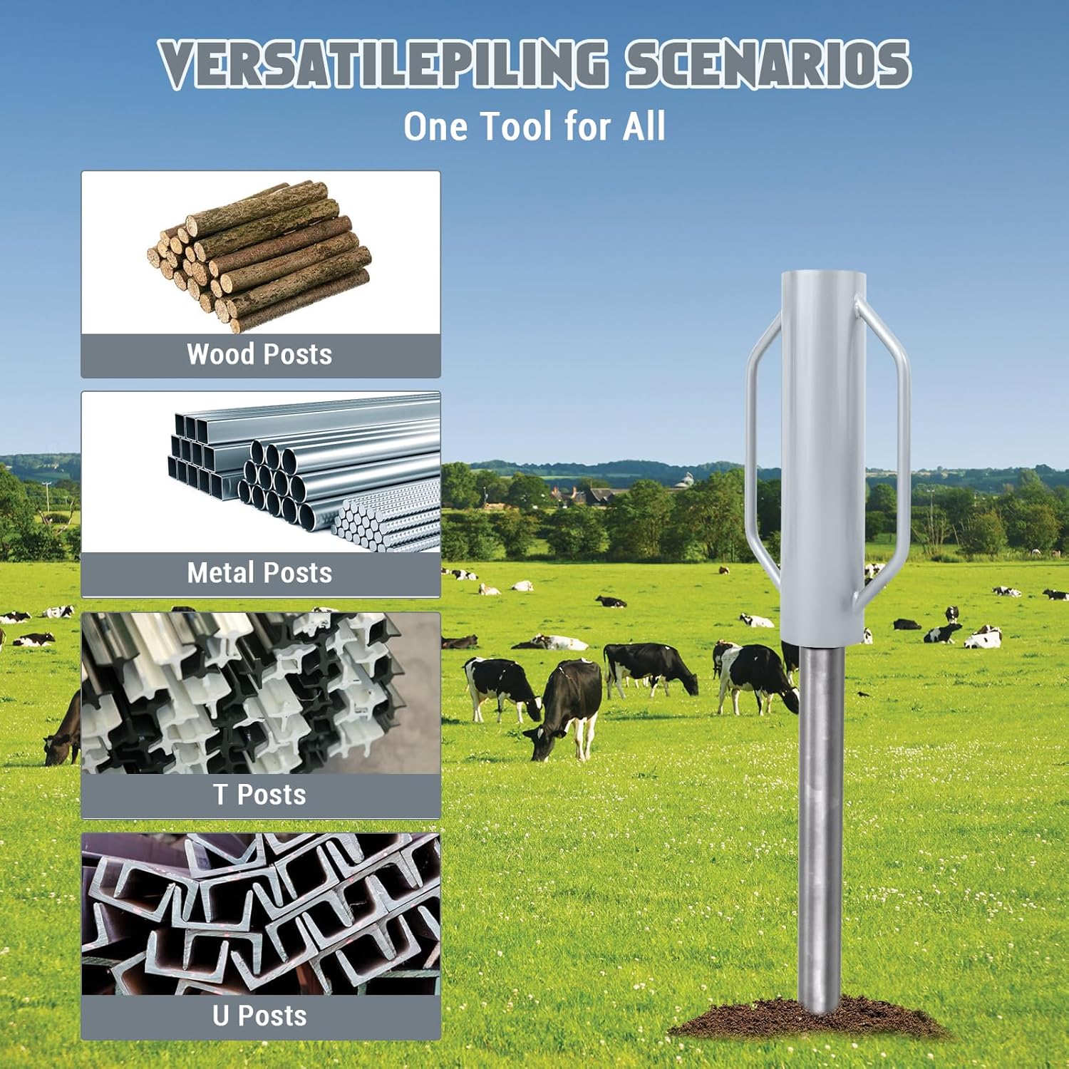 Heavy Duty Steel T Post Driver with Handles - 30 LB Manual Fence Post Rammer & Pounder Tool - For Metal, Wooden, U-Channel Posts, Garden Fencing, Landscaping, Soil Compaction - Silver Gray, 30 lbs