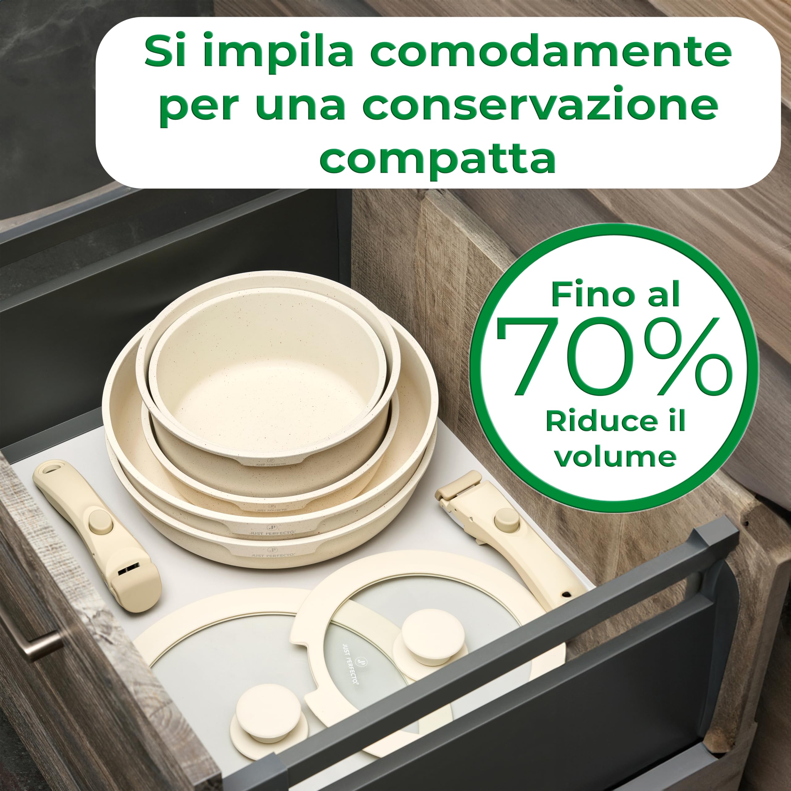Just Perfecto Essential Batteria di Pentole 11 Pezzi, Manici Amovibili Padella con Casseruola Fonda, Padella, Tegame, Wok, Coperchi, Antiaderenti per Induzione,Lavastoviglie, Gas e Forno (Biege)