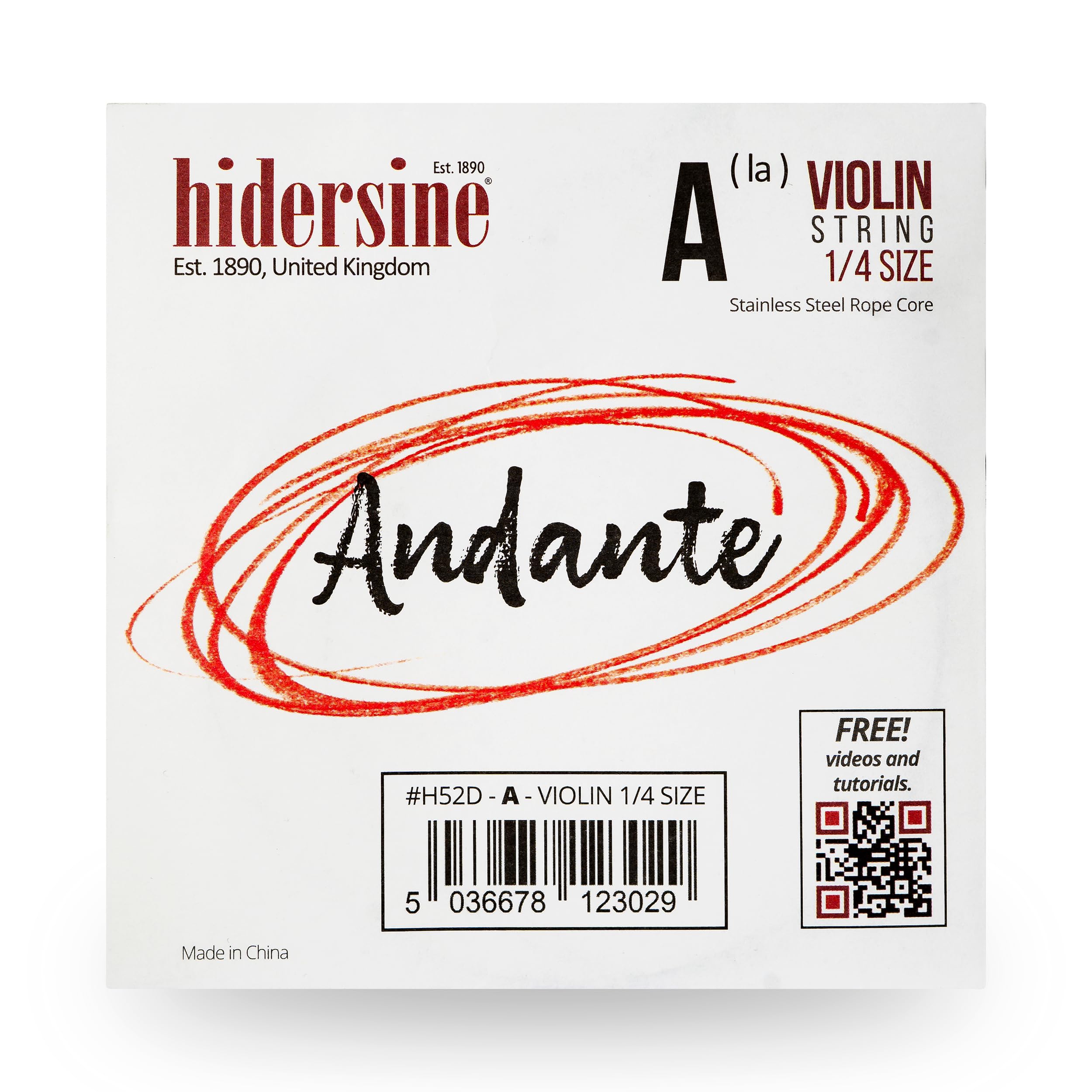 Hidersine Andante A String for Violin 1/4 size. Steel Rope Core string feels easy to play. Great tone and great value. Perfect for Students with quarter sized violins