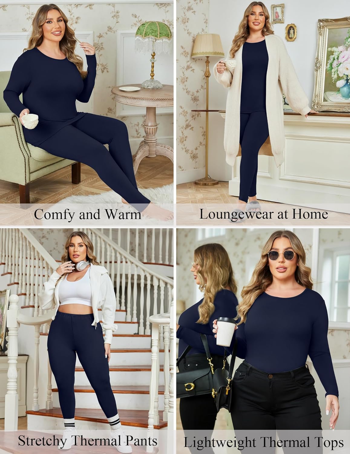 Ekouaer Women Plus Size Thermal Underwear Set Soft Long Johns Sets Light Fleece Lined Base Layer Top & Bottom Pajama Set - Image 2