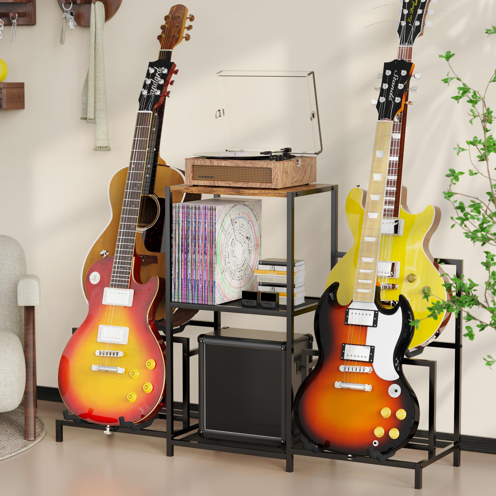 VGMiu Gitarrenständer für mehrere Gitarren mit 3 Etagen | Schwarzer Gitarrenständer für Akustik-, E-Gitarre, Bass, Plattenspieler, Gitarrenständer für Heimmusikstudio