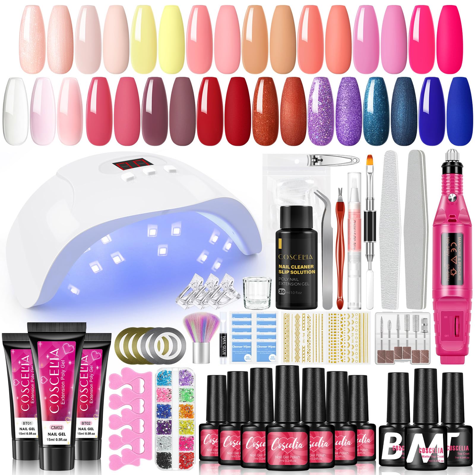 Coscelia Kit Uñas Semipermanentes,15 Colors Esmaltes en Gel Uñas con Lámpara UV/LED de 36W, 3 Colors Reconstrucción Uñas Gel con Pulidor Uñas Electrico, Arte de Uñas DIY en Casa