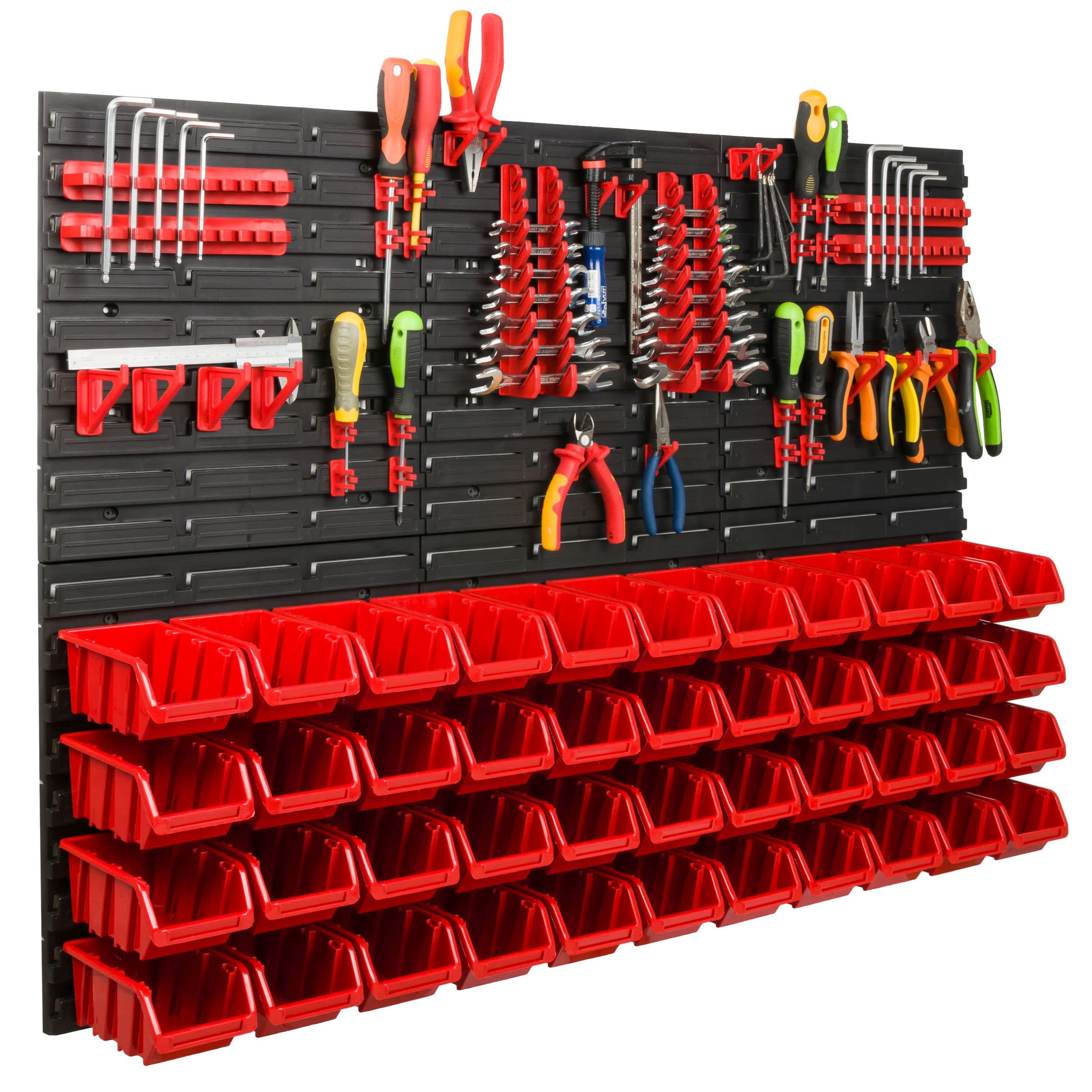 Scaffale da officina, 117 x 78 cm, 44 pezzi, con supporti per attrezzi e scatole impilabili, pannelli da parete, scaffali extra resistenti, per merci, garage, scaffali