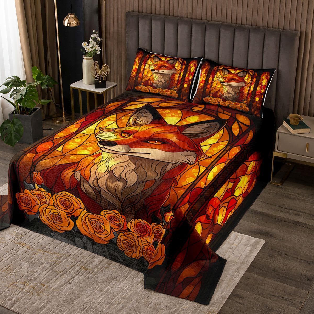 Manfei Fox Kids Bedspread Twin Size,Glass Art Boho Flower Rose Coverlet Set,Girls Boys Room Decor,Abstract Cute Animal Quilted Coverlet,Orange Bedding Quilt,1 Pillowcase