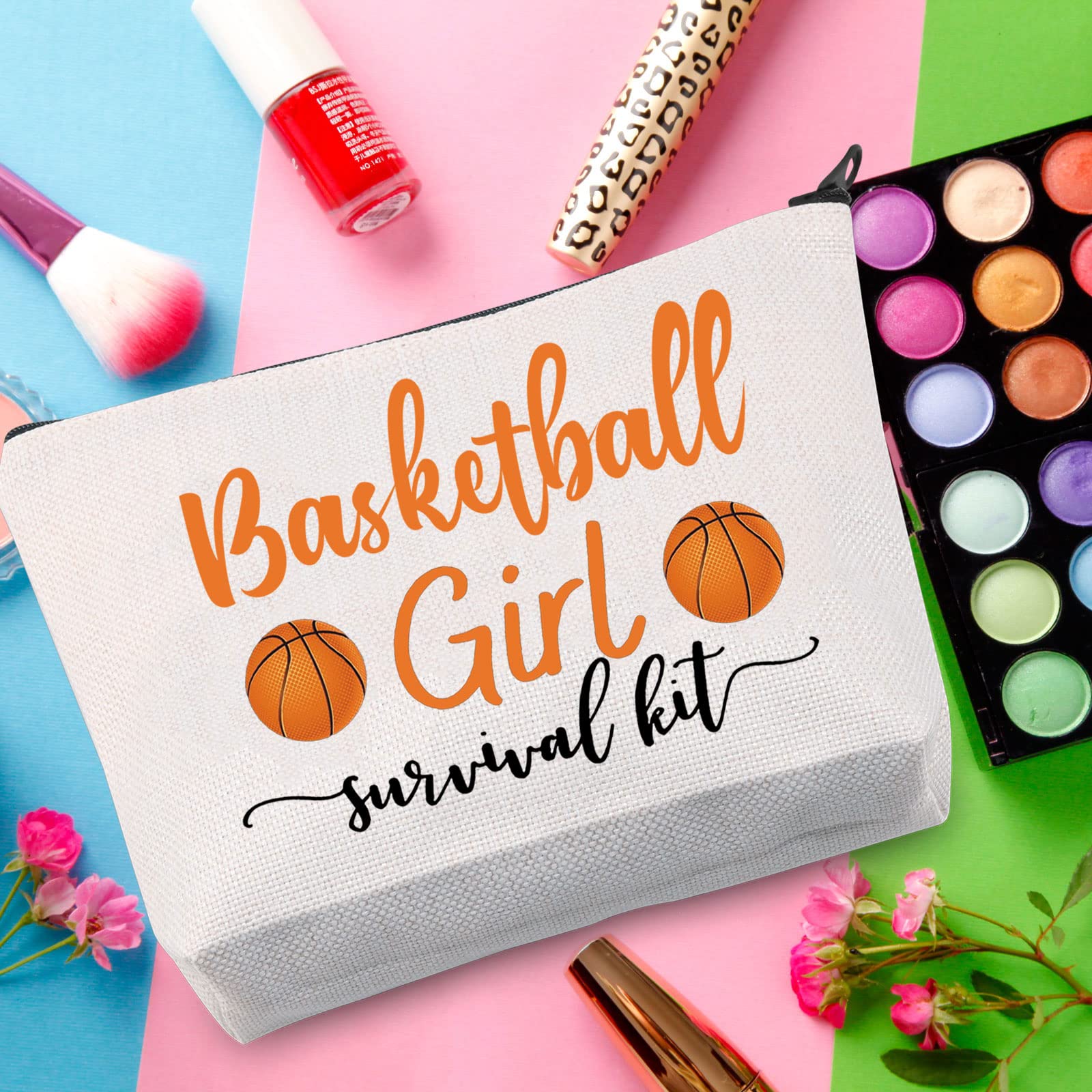 Basketball Make-up-Tasche 'Peace Love Basketball' – Für Mädchen, Beige | Segeltuch, 22,9x17,8 Cm | Geschenk Für Basketball-Fans
