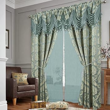 Jacquard Window Luxury Curtains for Living Room and Bedroom 54 W x 84 L Inches - 2 Panel Set with Attached Valance, Backing and 2 Tie Backs Elegant Fancy Design Cortinas Para Sala (Grove)