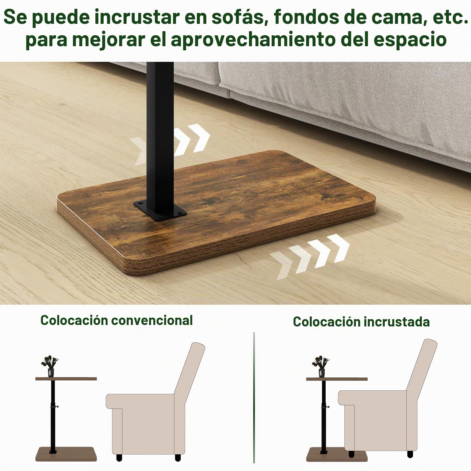 IBUYKE Mesa Auxiliar en Forma de C, Mesa Auxiliar giratoria de 360° en Altura Ajustable para Espacios pequeños, con Ranura para teléfono y Tableta, Mesa de café para sofá/Cama, Marrón TVT003H