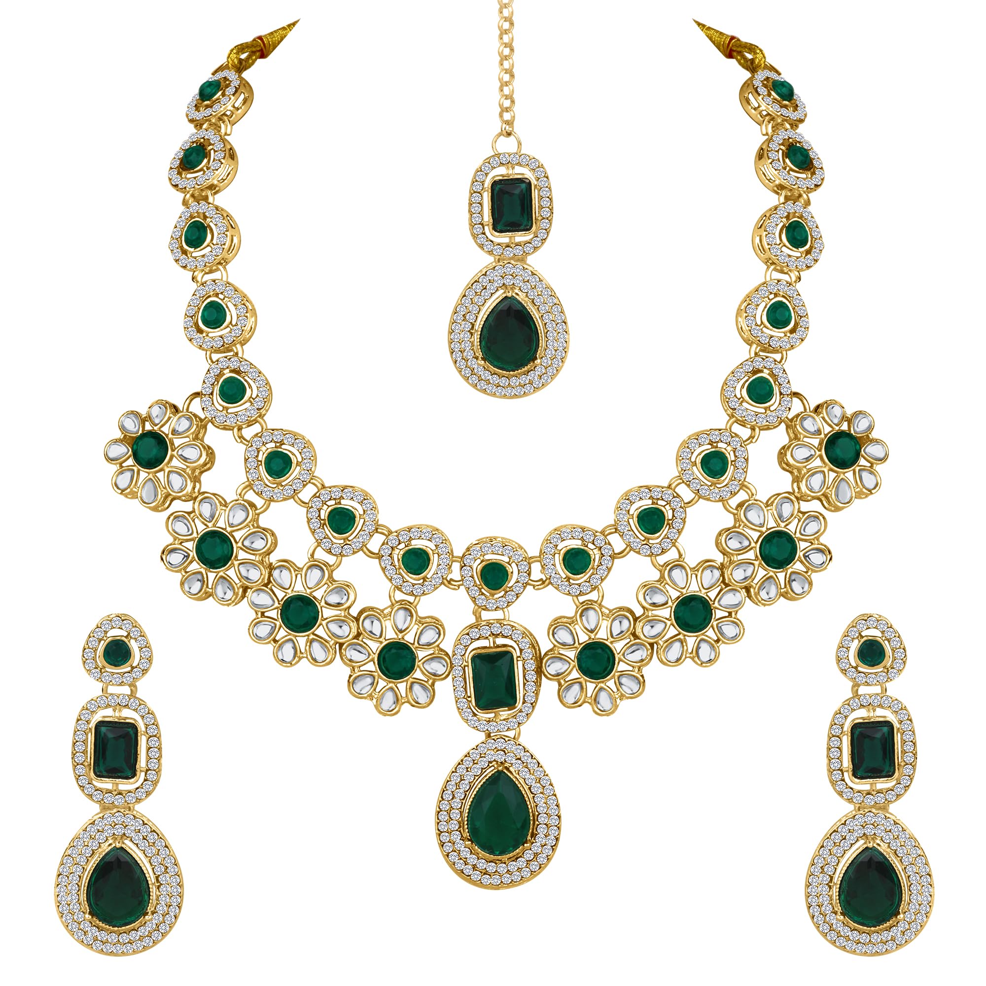 Atasi International Gold 22K Plated Green Crystal Diamond Necklace with Earrings and Maang Tikka for Women - Jewellery Set for Party, Wedding, Engagement (DG5915) (B0DD7NLGVR) Amazon Price History, Amazon Price Tracker