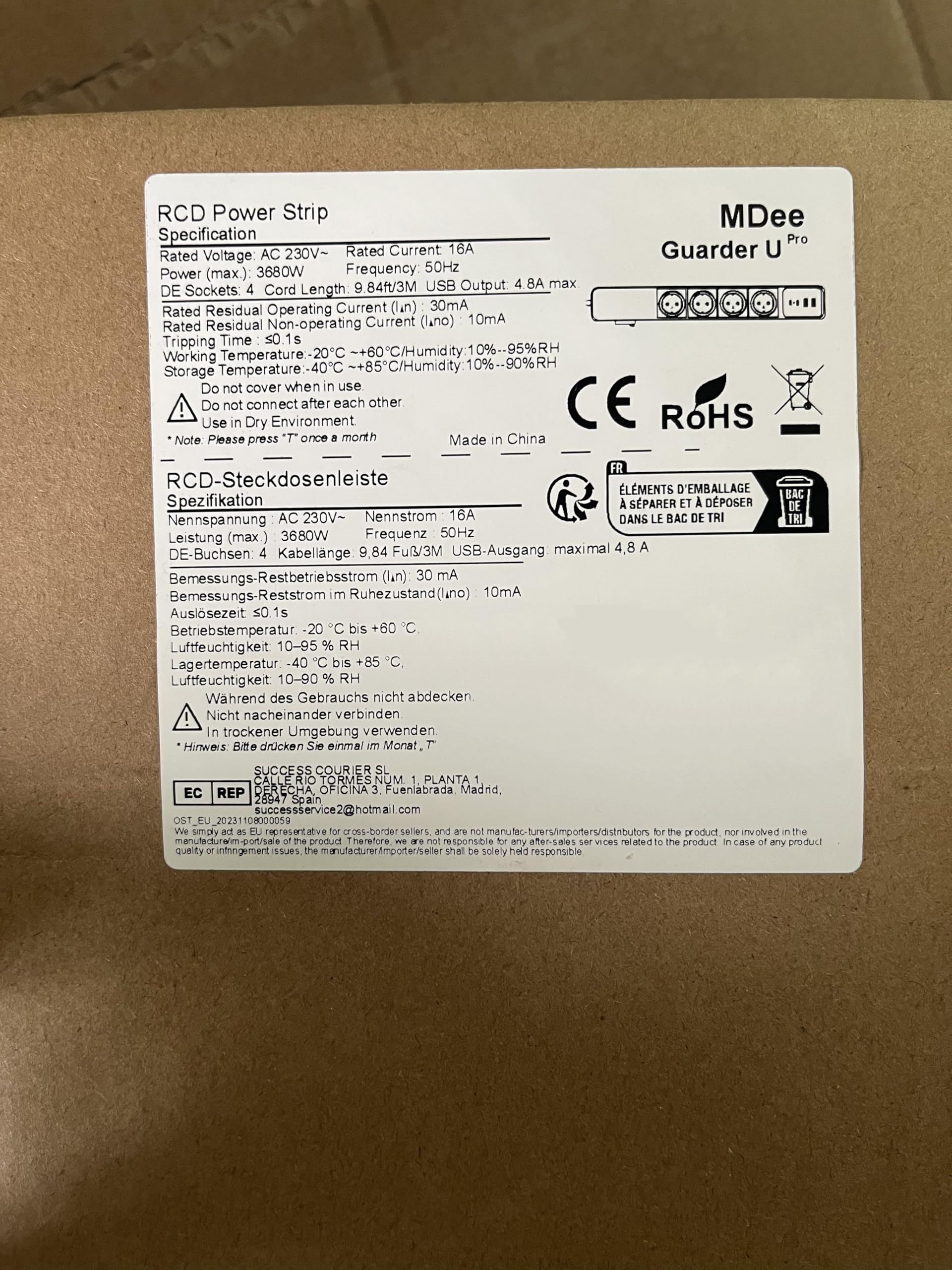 MDee Ciabatta con USB e interruttore differenziale (RCD), 4 prese multiple con salvavita, prolunga cavo 3 m, 3680 W / 16 A, protezione da sovratensioni, ciabatta da parete, per laptop, ufficio
