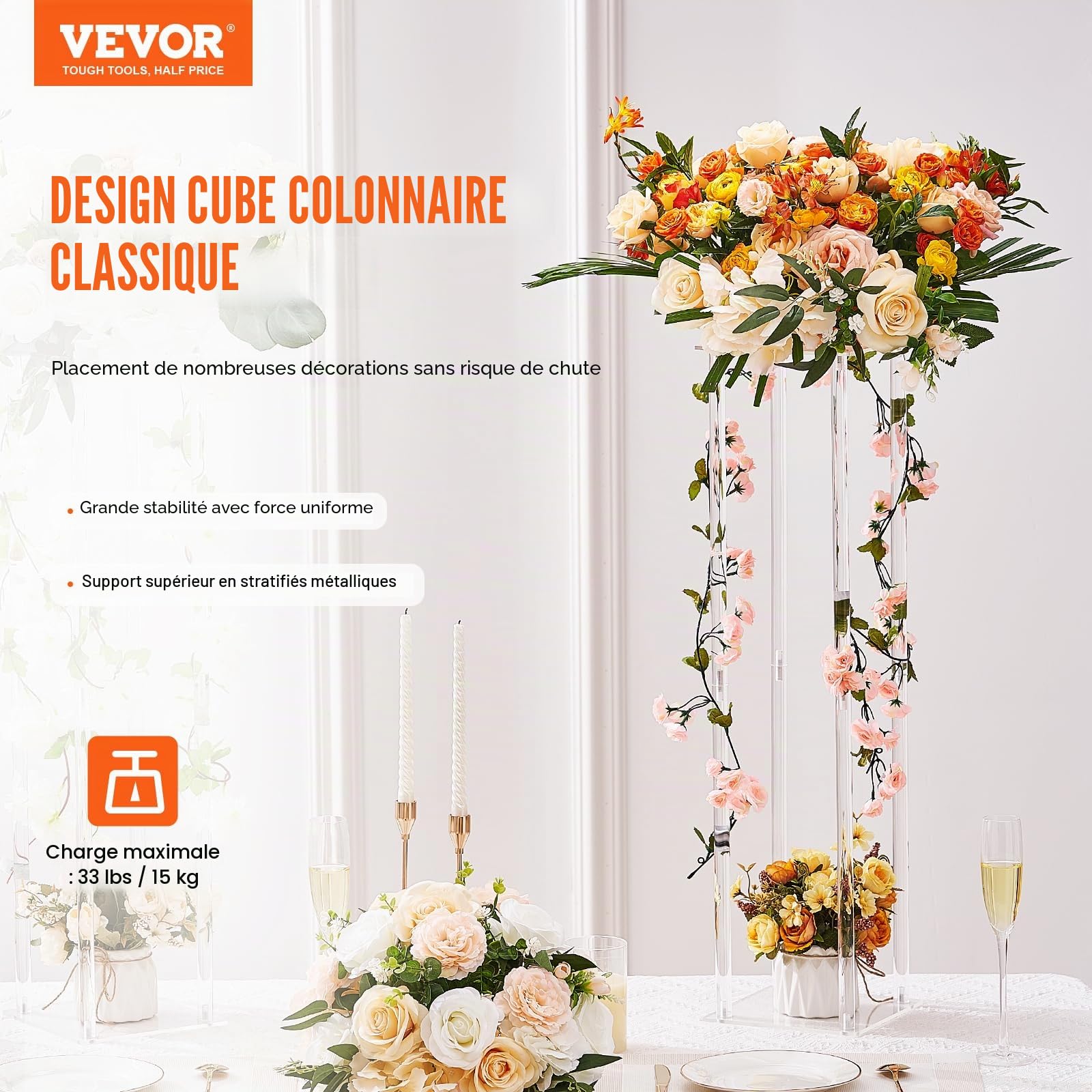 VEVOR 2PCS Support de Fleurs de Mariage 80 cm Porte-fleurs Centre de Table Mariage Stratifié Acrylique Vase Géométrique Présentoir Floral pour Réception d'Événements, Décoration de Fête à la Maison