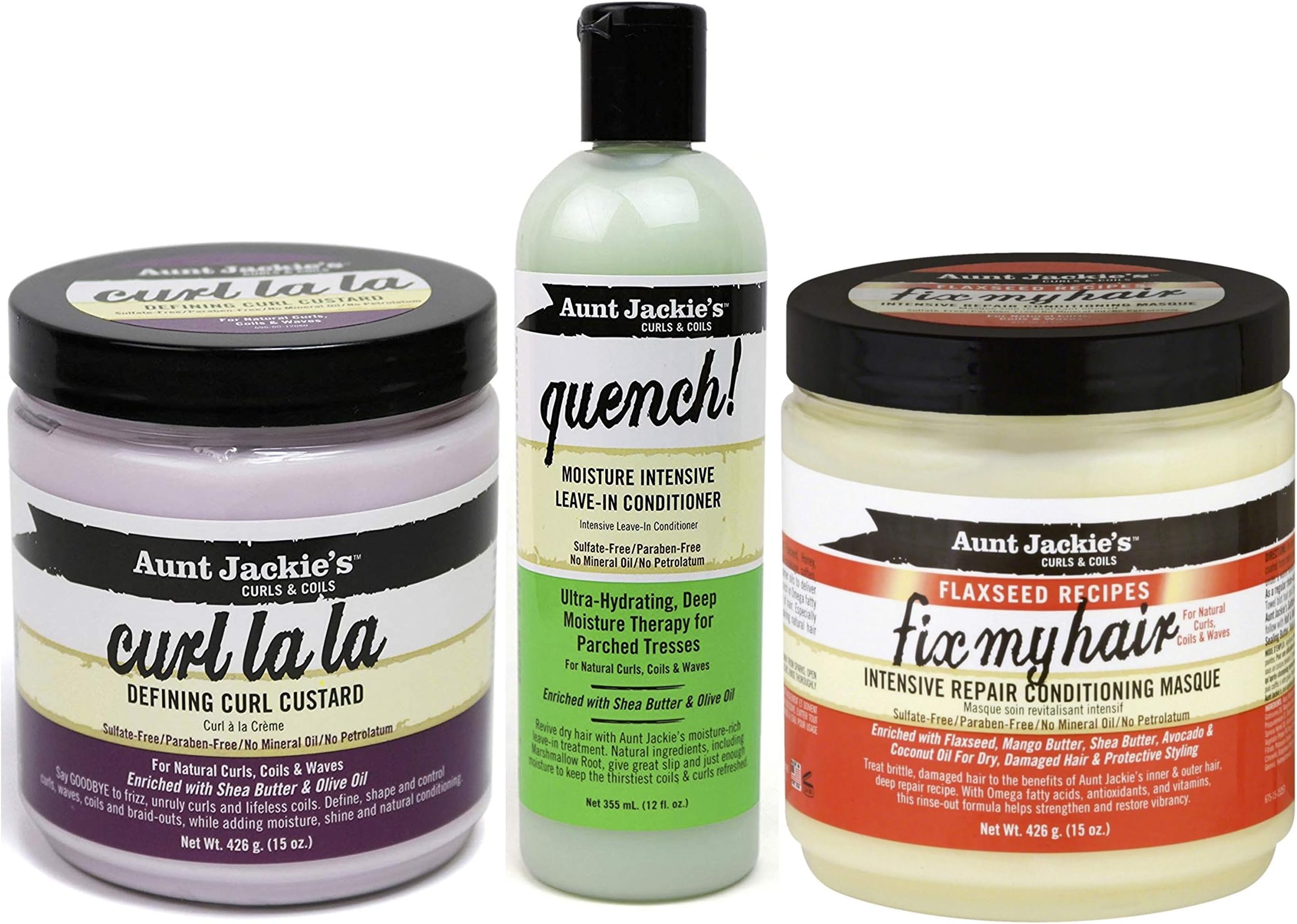 Aunt Jackies Curls & Coils Trio Bundle |Curl La La Defining Curl Custard 426 G | Quench Moisture Intensive Leave In Conditioner 355 Ml | Intensive Repair Conditioning Masque 426G