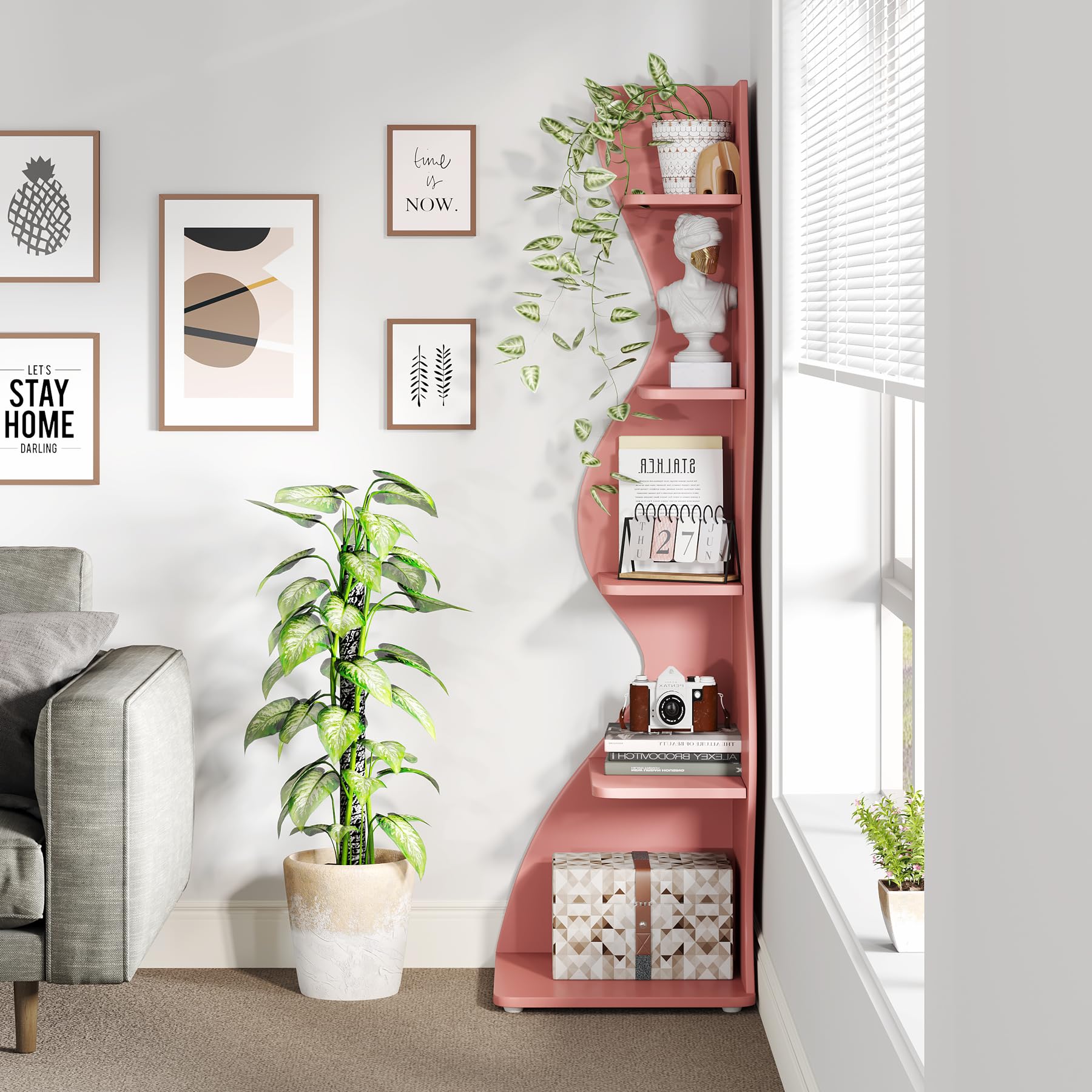 Tribesigns Eckregal, 178 cm hoch, Lagerregal, Bücherregal, Pflanzenständer, Organizer-Einheit, 5 Stufen, Modern, für Zuhause, Büro, Wohnzimmer, Schlafzimmer, Balkon, Rosa, 1 Stück