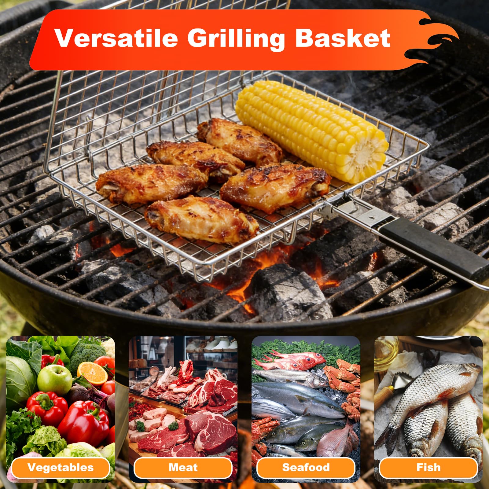 Grillkorb, Faltbare Tragbar Grillkörbe aus Edelstahl mit Aufbewahrungsbeutel, Fischgrillgitter mit Abnehmbarem Griff und Bürsten, Grillhalter für Fisch, Gemüse, Fleisch