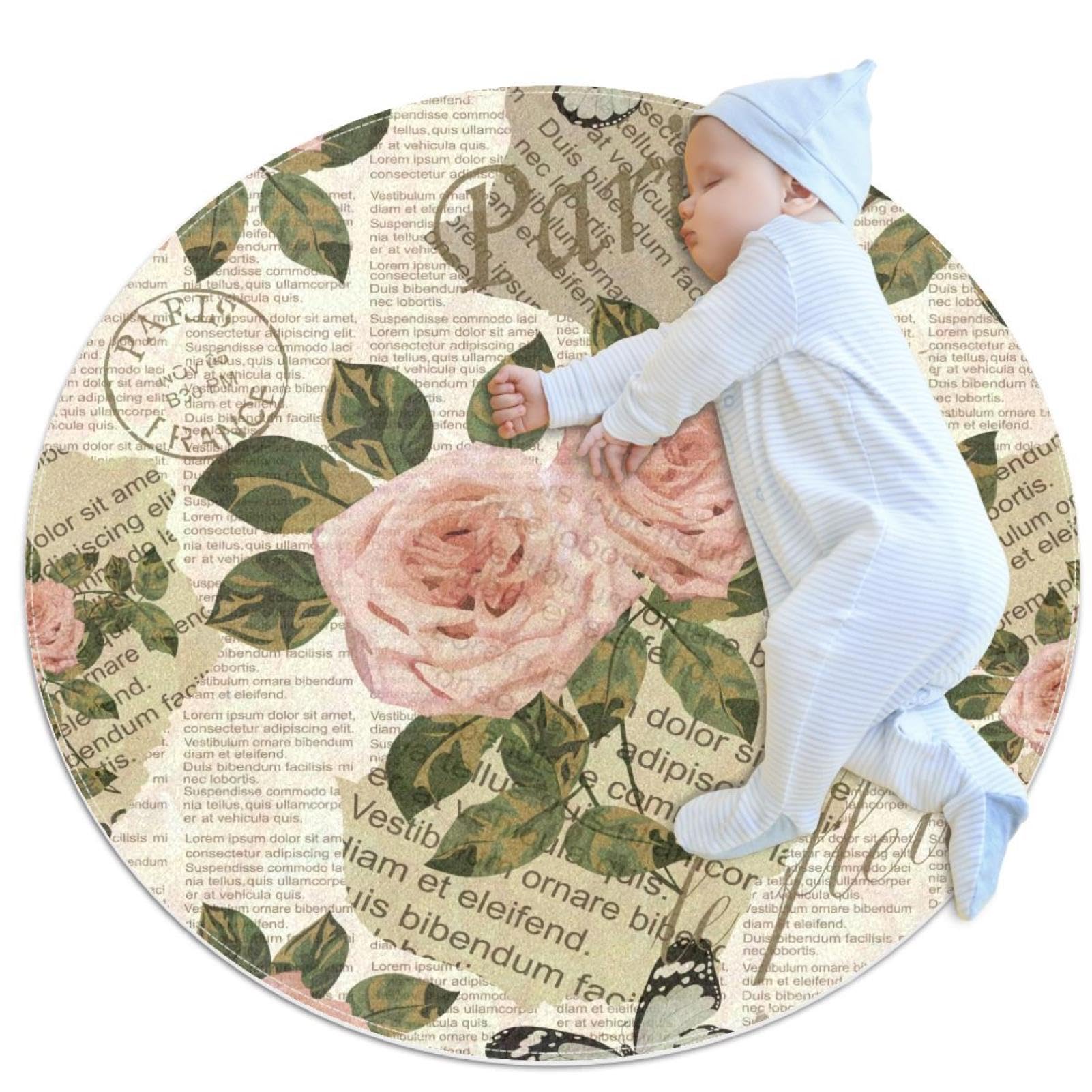 Tapis de bain rond 1m antidérapant et absorbant imprimé rose rétro