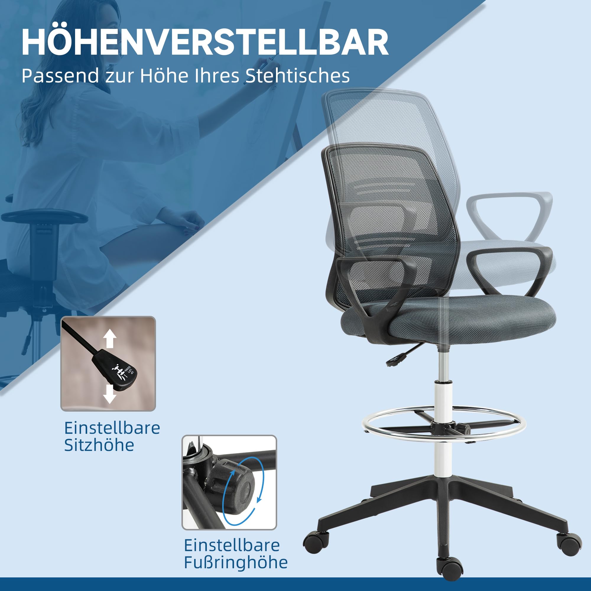 Vinsetto Bürostuhl Ergonomischer Schreibtischstuhl mit Armlehnen Grau | Verstellbarer Fußring, Höhenverstellbarer Drehstuhl, Netzbespannung