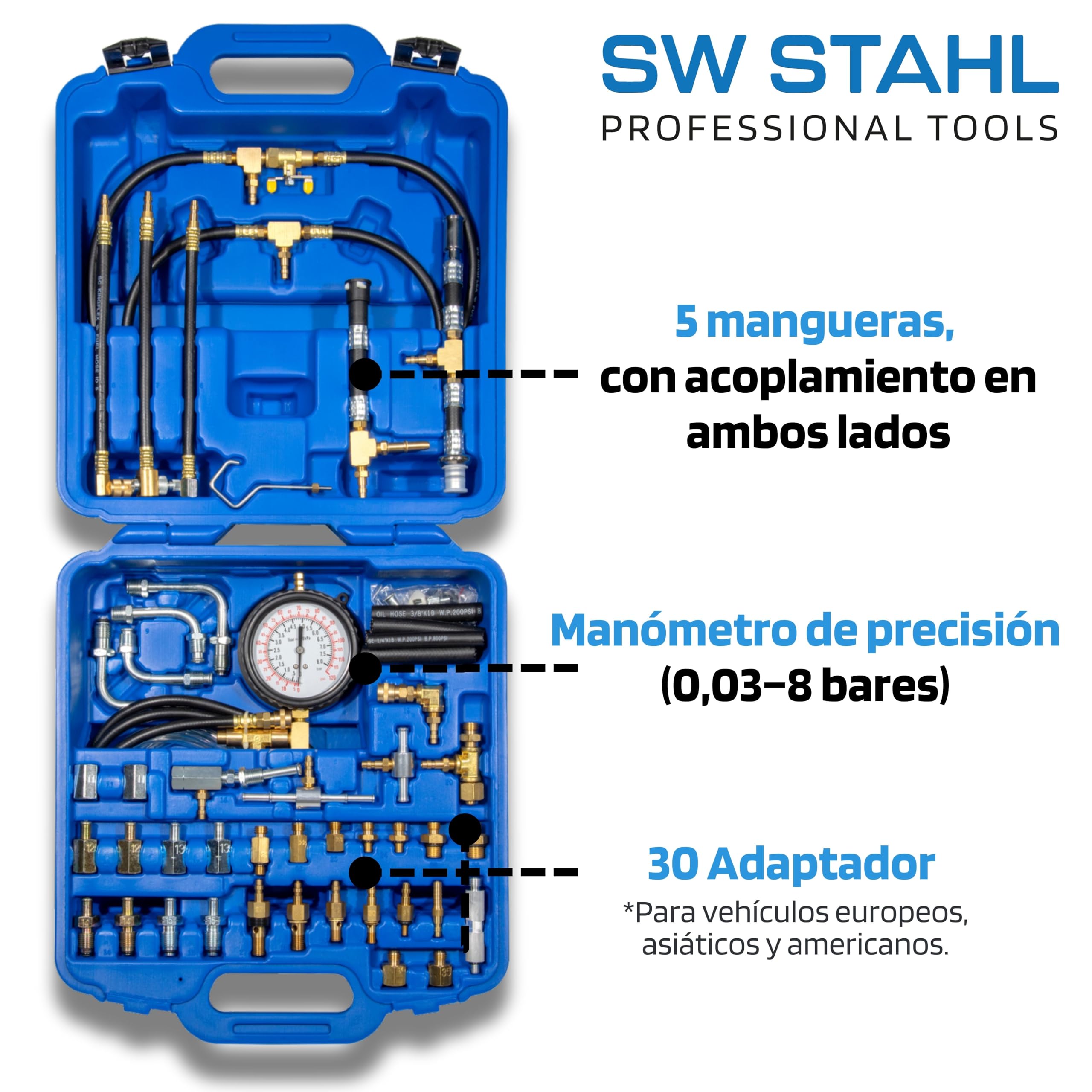 SW-Stahl 26073L Extractor Mecánico - Medidor de Presión para Motores | Equipo de prueba universal para presión de combustible en motorizaciones de gasolina, herramienta de diagnóstico preciso