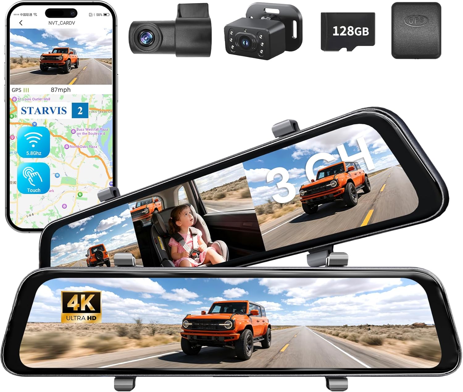 12" 4K Mirror Dash Cam with STARVIS 2 Sensor,View Rear Mirror Camera 2.5K with Back Seat Car Baby Monitor 1080P,Built-in 5.8G WiFi GPS, APP Control,Night Vision,for Family Car Safety