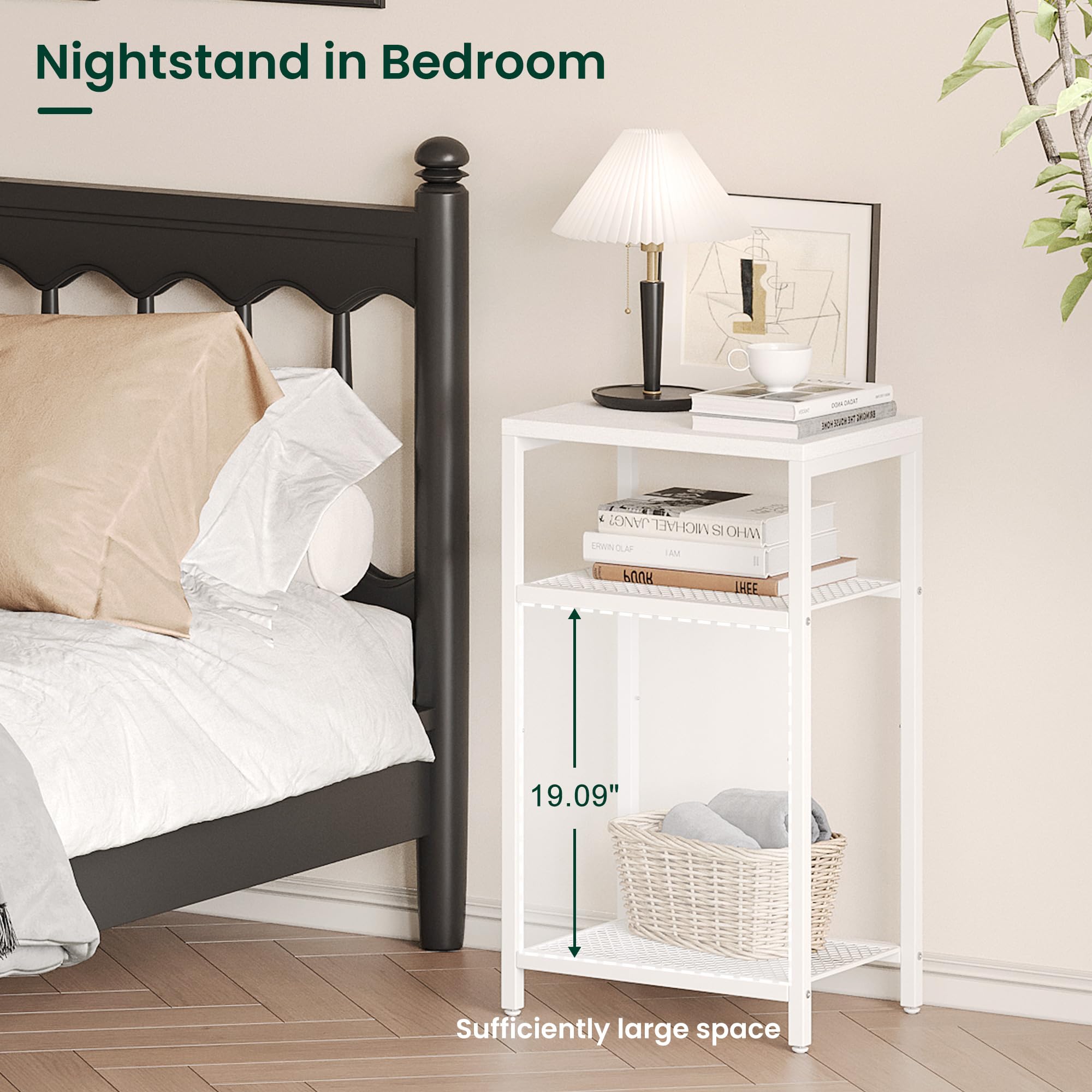 Yifeel Side Table, 3 Tier End Table with Storage, Tall Telephone Table, Night Stand for Small Spaces, Sturdy Metal Frame, Living Room, Bedroom, Sofa Couch, Home Office, White JET001NW1