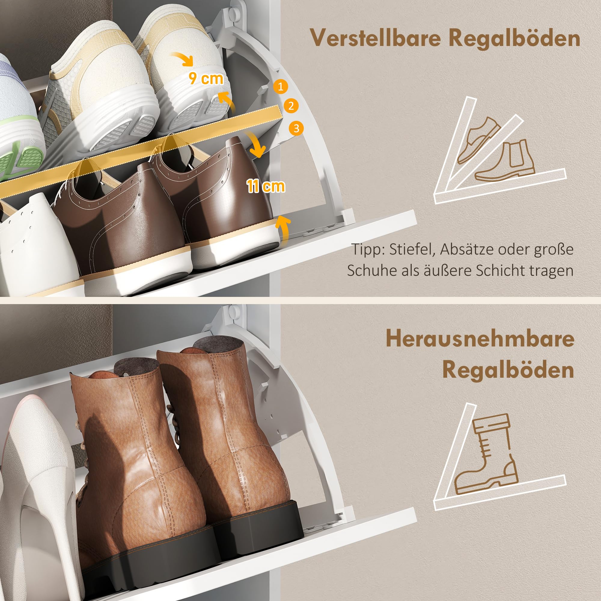 HOMCOM Schuhschrank mit 3 Klappen, Schmal Schuhkipper mit Ablage, Verstellbar Trennwand Schuhregal für 12-18 Paar Schuhe Schuhkommode für Flur, Eingang 60 x 26 x 140 cm, Weiß