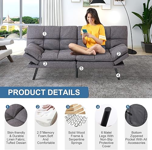 Miniatura 5 de Maxspeed Sofá cama futón de espuma viscoelástica, sofá biplaza convertible moderno, reposabrazos ajustables, patas de metal, sofá futón