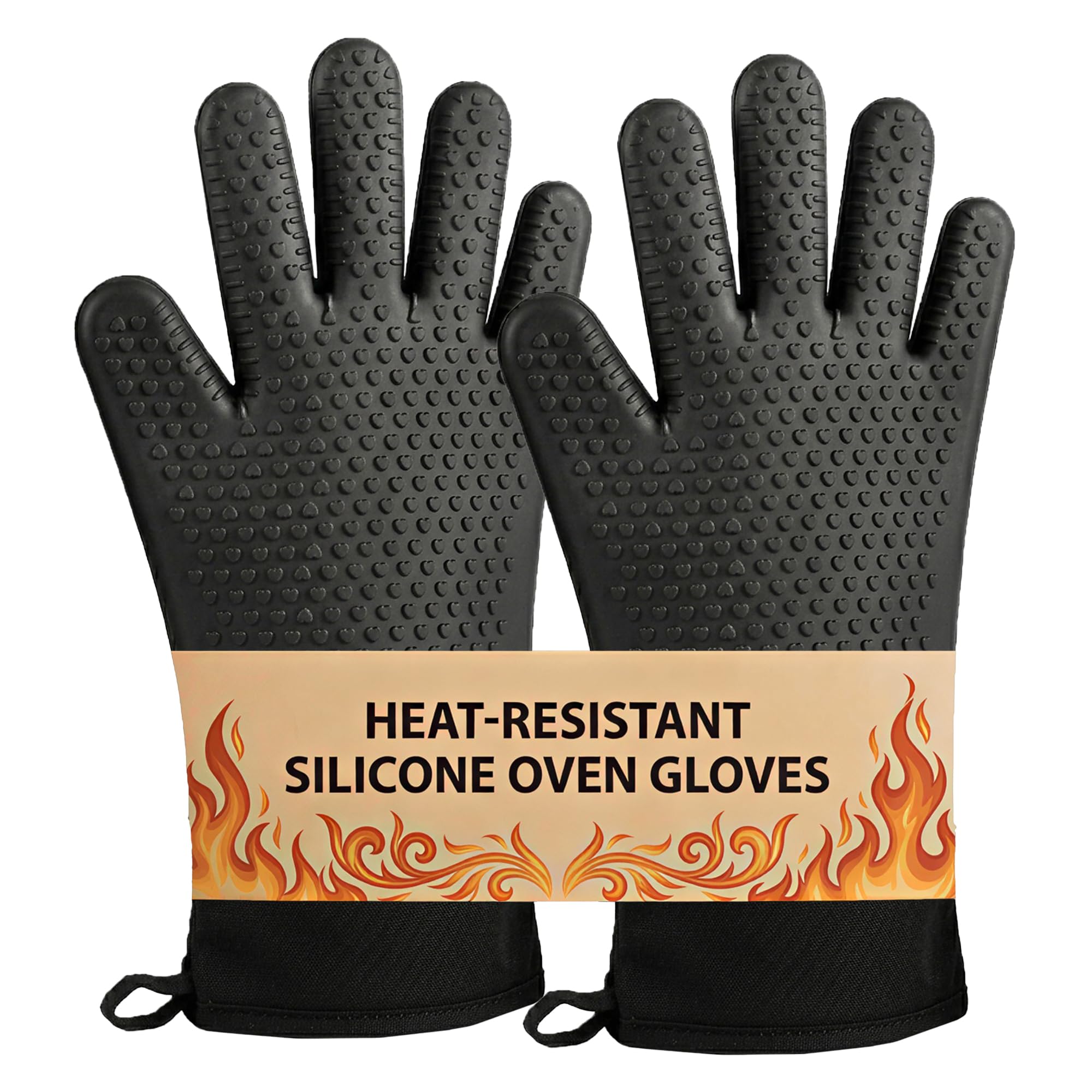 J&A Marts® Premium Double Oven Gloves - Heat Resistant Oven Mitts & Potholder -Non-slip Silicone Design -Maximum Heat Protection- Machine Washable for Home & Kitchen (Black Silicone)