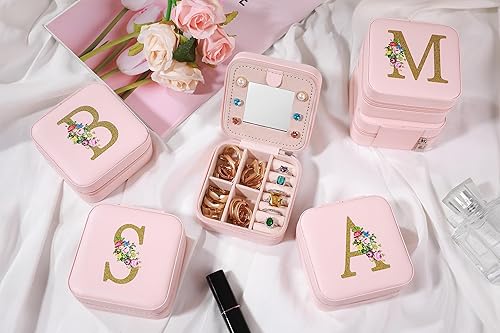 Miniatura 4 de Joyero para mujer, estuche organizador de aretes de viaje pequeño rosa para regalos de cumpleaños, inicial Q