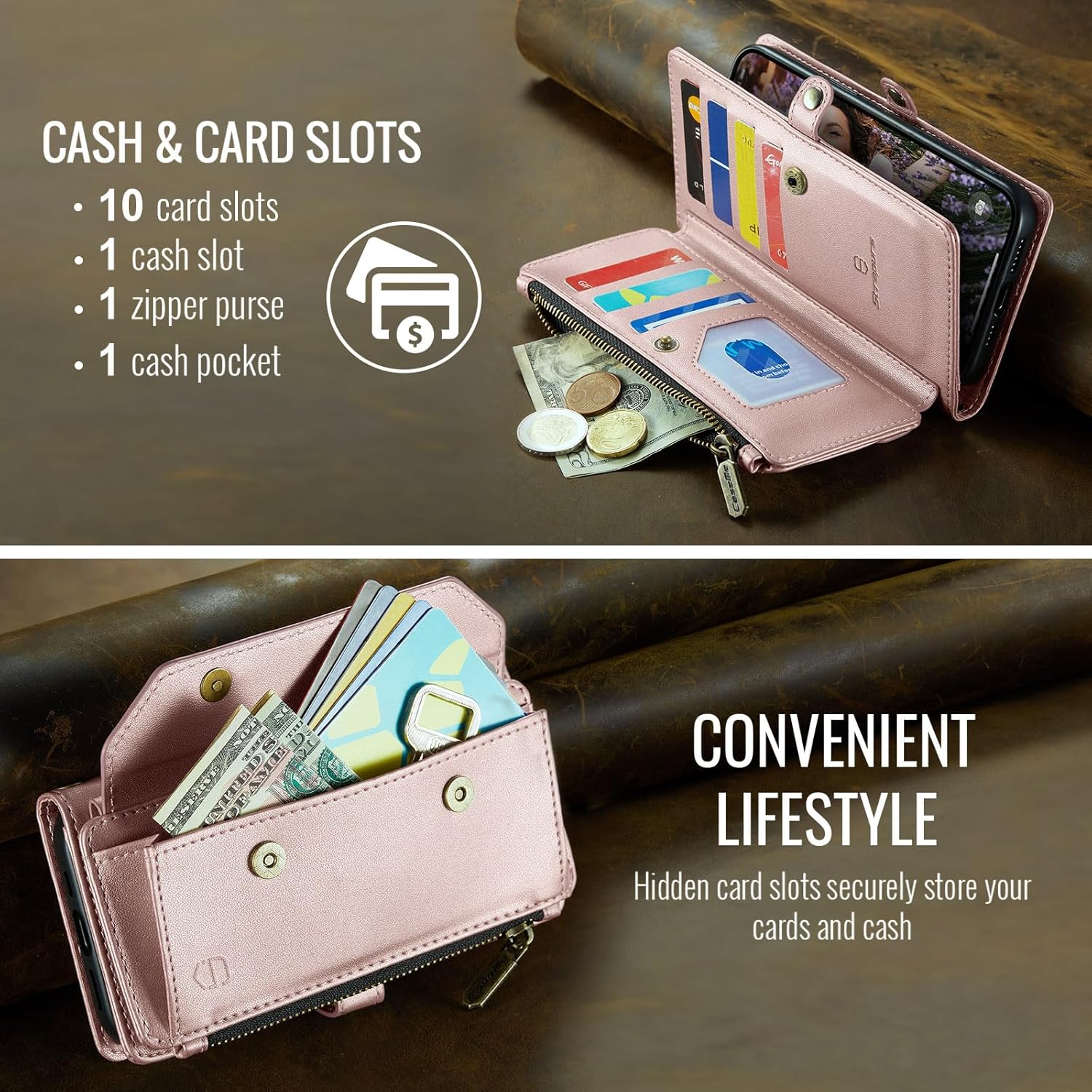 Wallet Case Compatible with iPhone 16 Pro Max 6.9" RFID Blocking 10-Card Holder Soft PU Leather Magnetic Snap Shoulder Strap Zipper Pocket Phone Case Fit for iPhone 16 Pro Max - Rose Gold | 6.9", RFID Blocking, 10-Card Holder, Soft PU Leather, Magnetic Snap, Shoulder Strap - Image 5